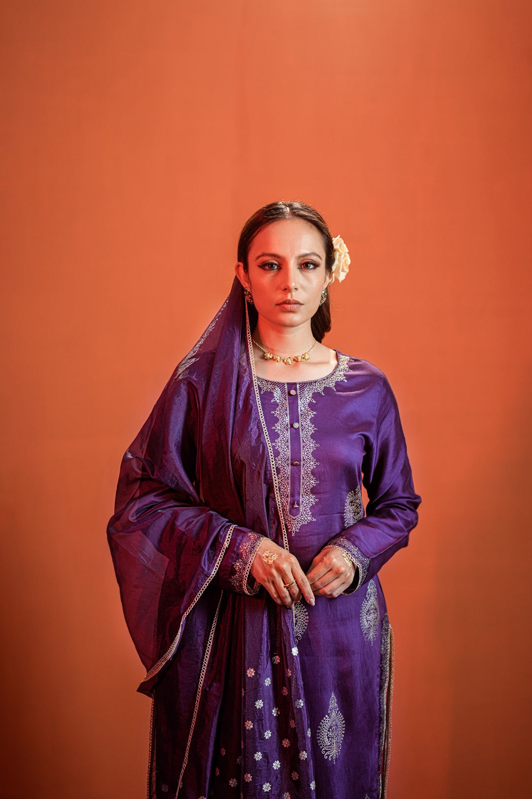 Purple Khari Printed Kurta with Trouser & Dupatta