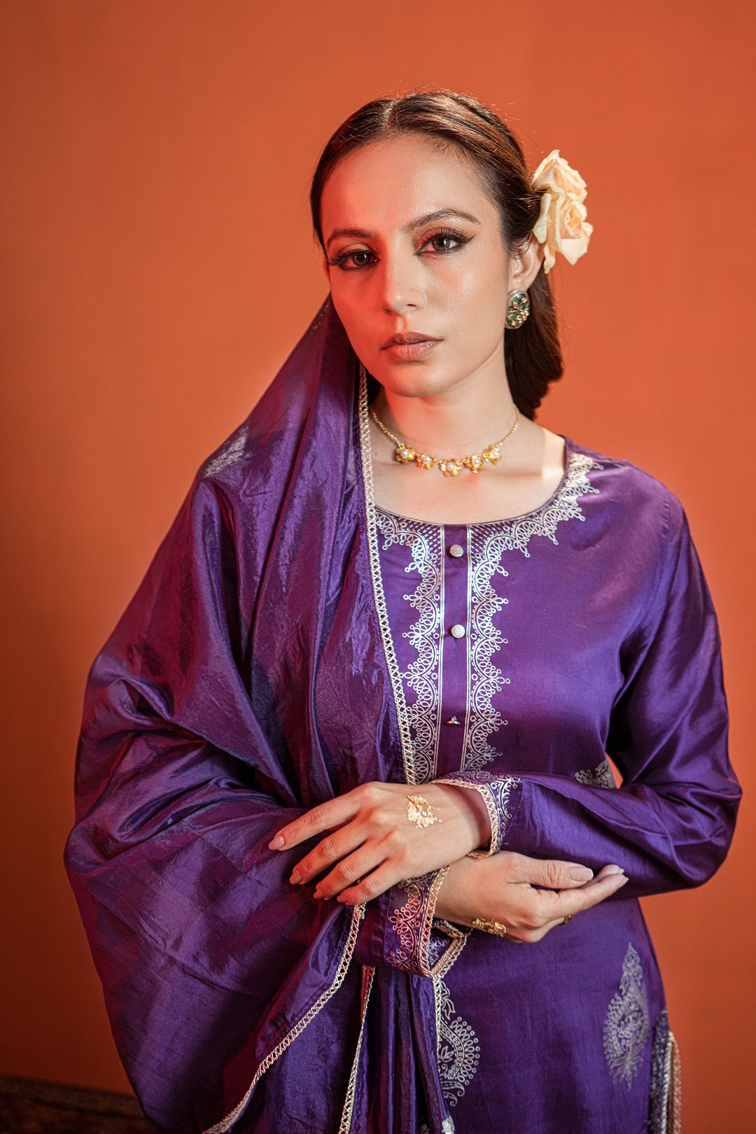 Purple Khari Printed Kurta with Trouser & Dupatta