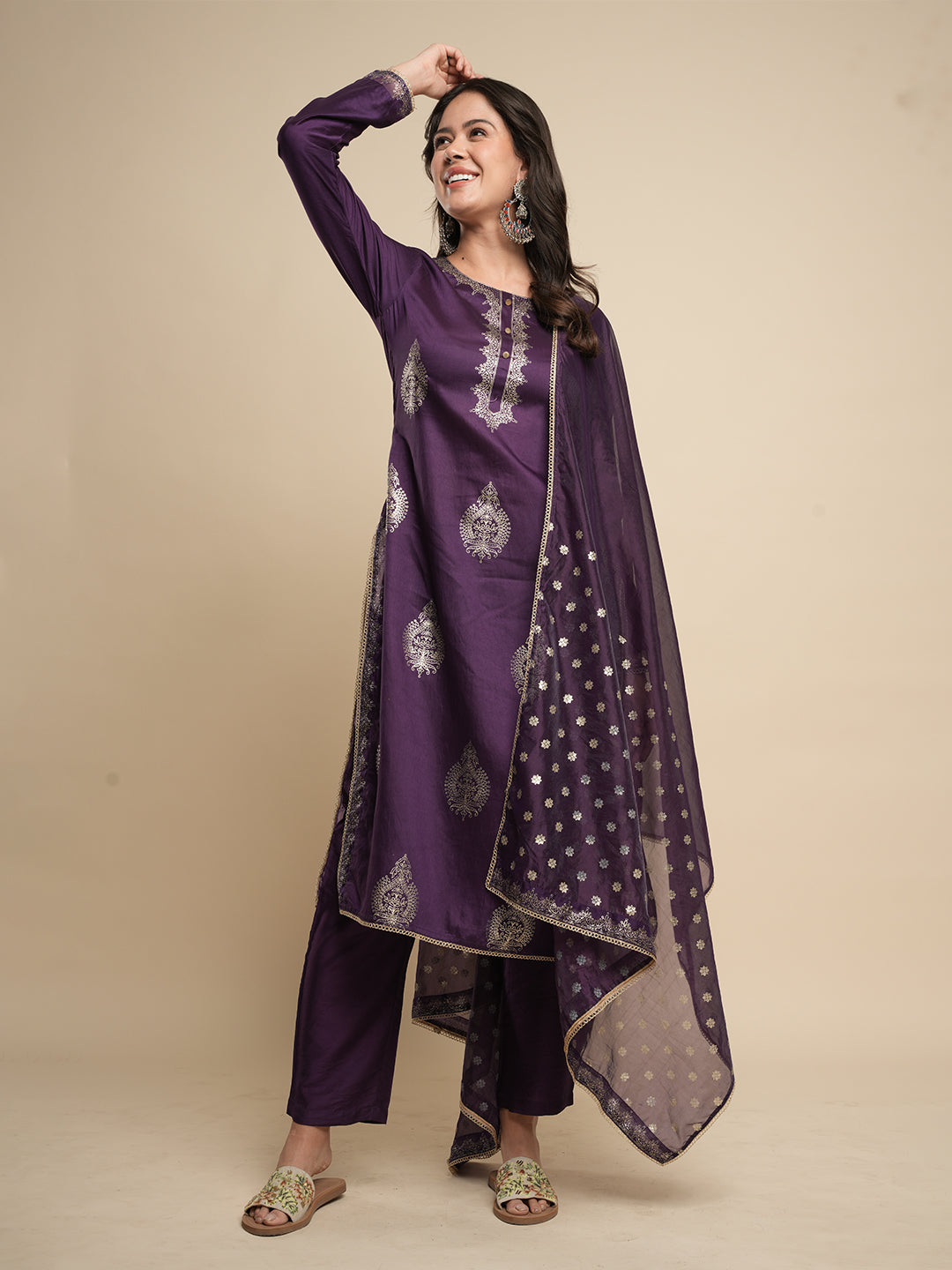 Purple Khari Printed Kurta with Trouser & Dupatta