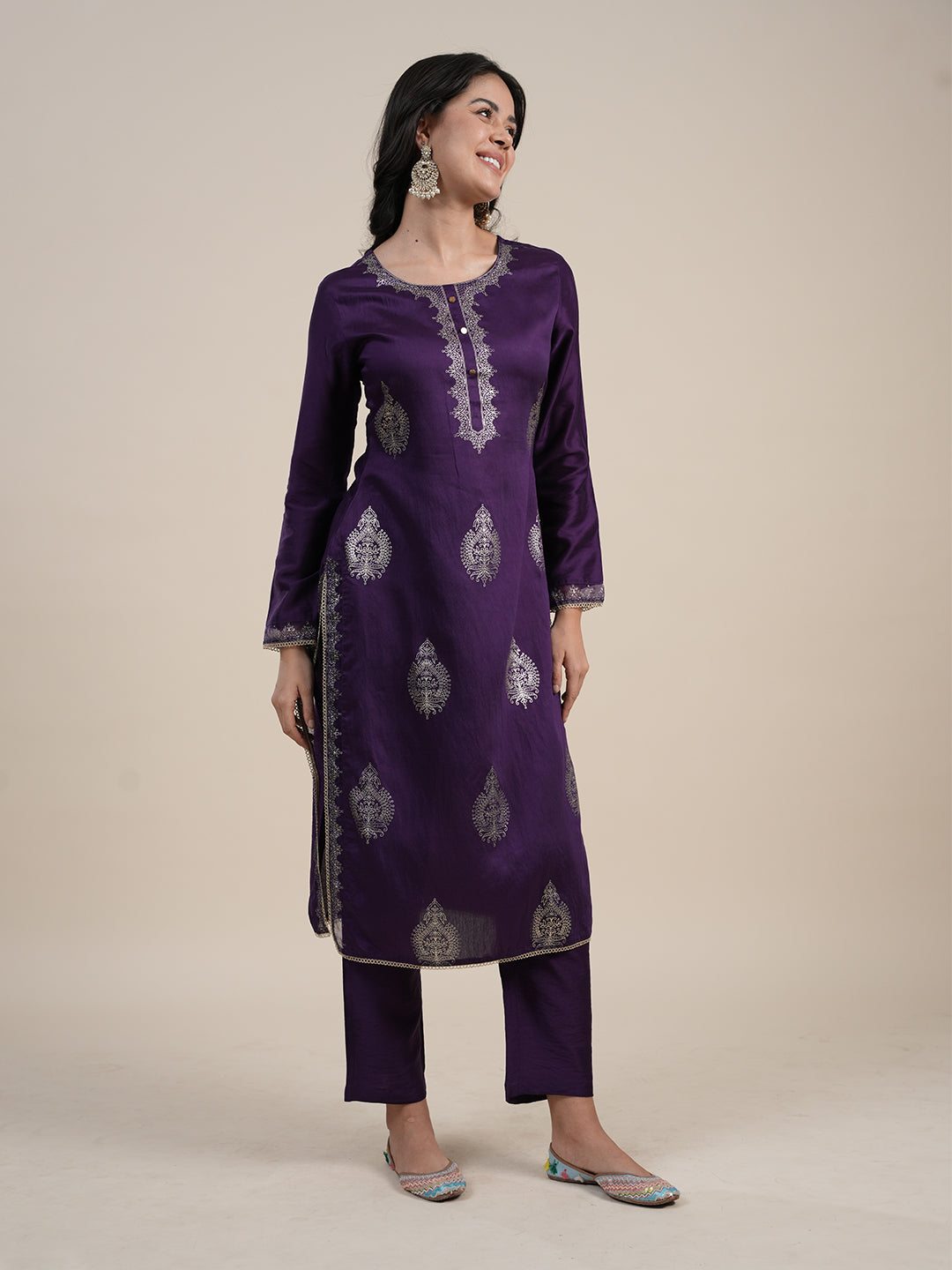 Purple Khari Printed Kurta with Trouser & Dupatta