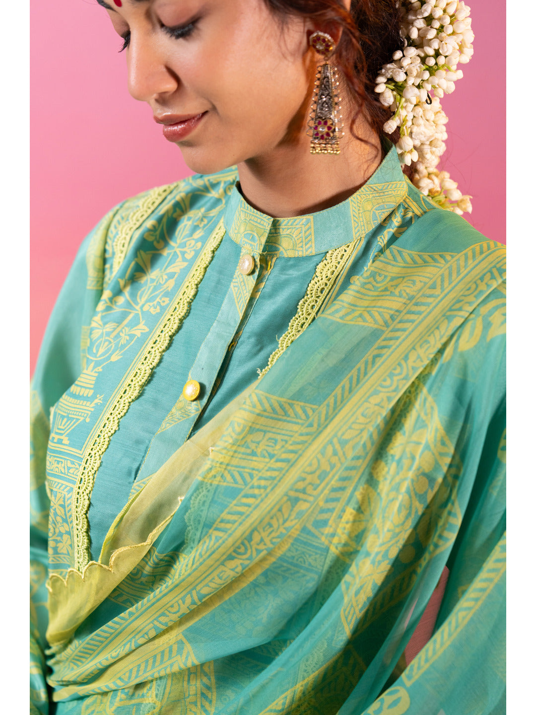 Green Linen Silk Floral Printed Kurta Set with Dupatta