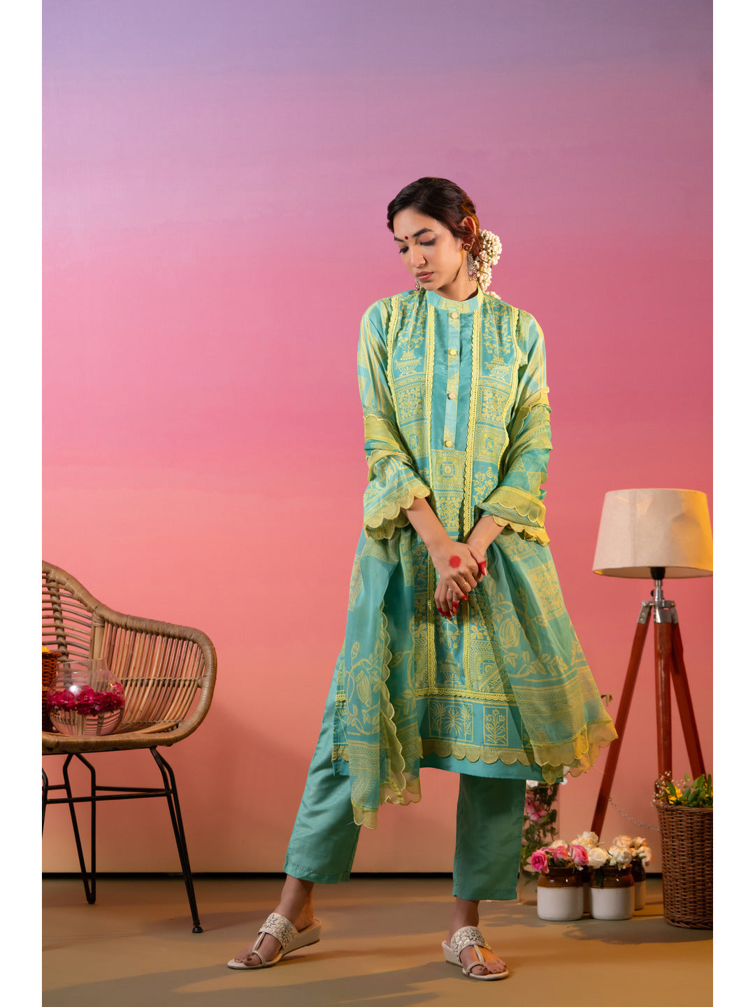 Green Linen Silk Floral Printed Kurta Set with Dupatta