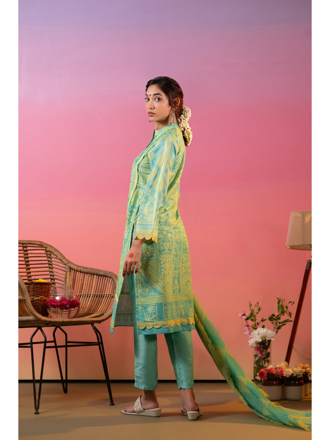 Green Linen Silk Floral Printed Kurta Set with Dupatta