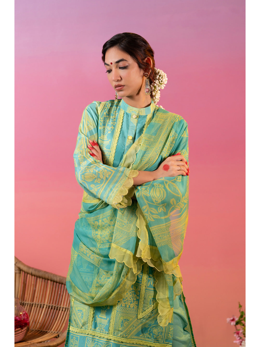 Green Linen Silk Floral Printed Kurta Set with Dupatta