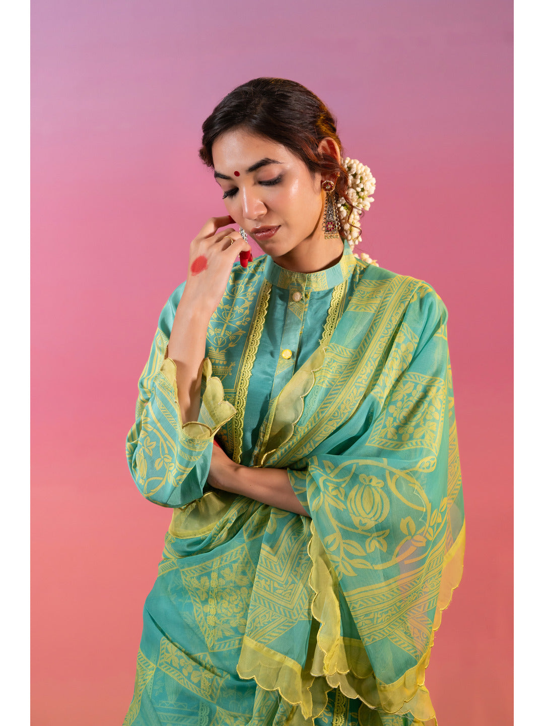 Green Linen Silk Floral Printed Kurta Set with Dupatta