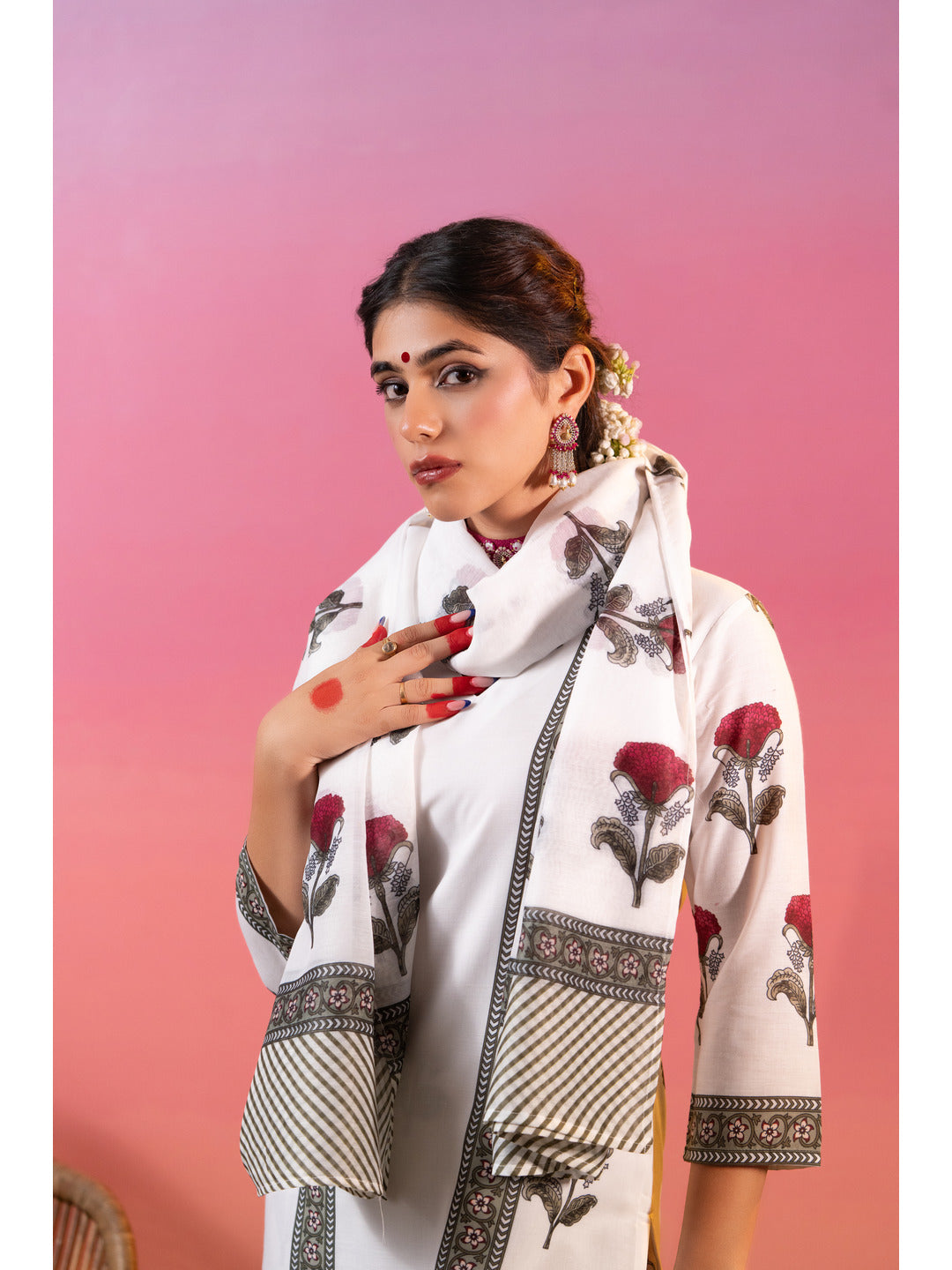 White Floral Printed Kurta Set with Dupatta