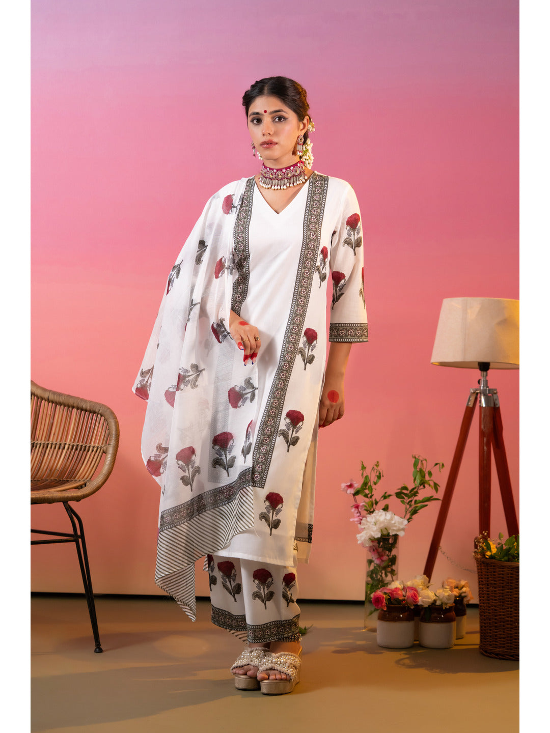 White Floral Printed Kurta Set with Dupatta