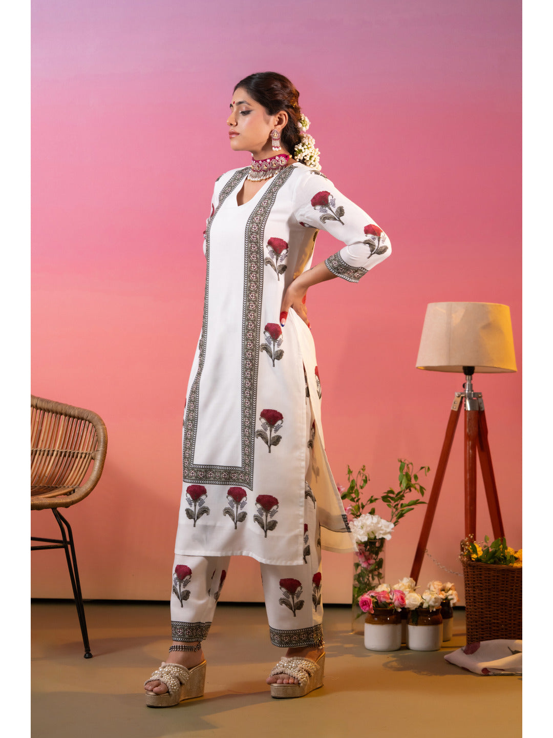 White Floral Printed Kurta Set with Dupatta