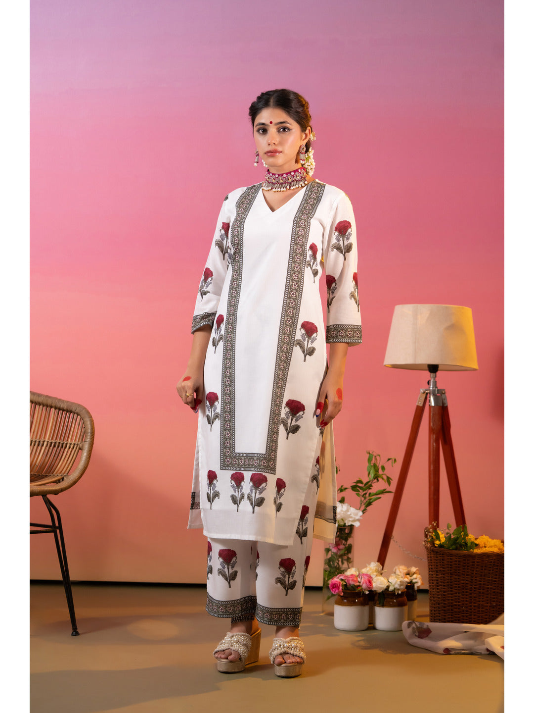 White Floral Printed Kurta Set with Dupatta