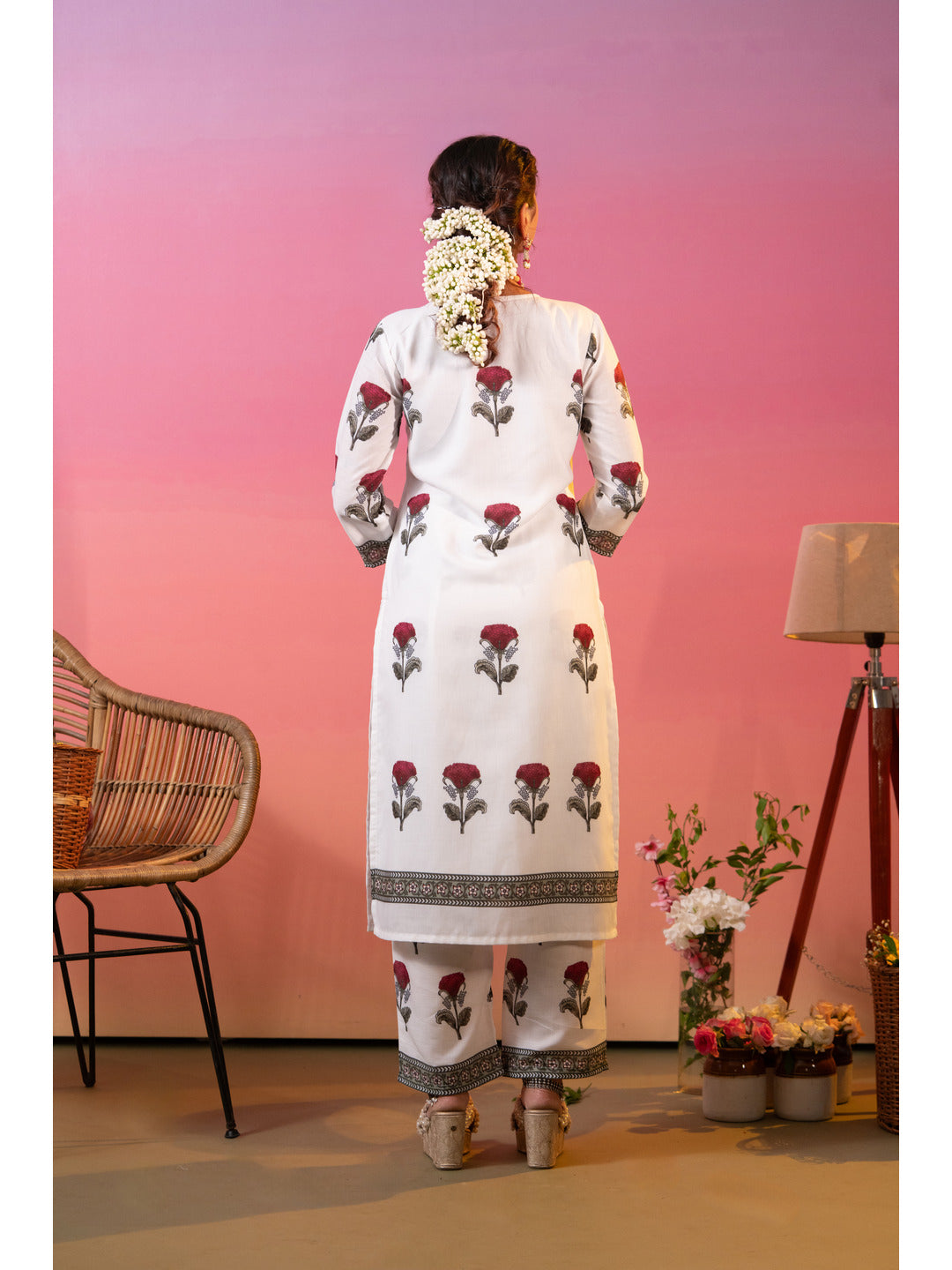 White Floral Printed Kurta Set with Dupatta