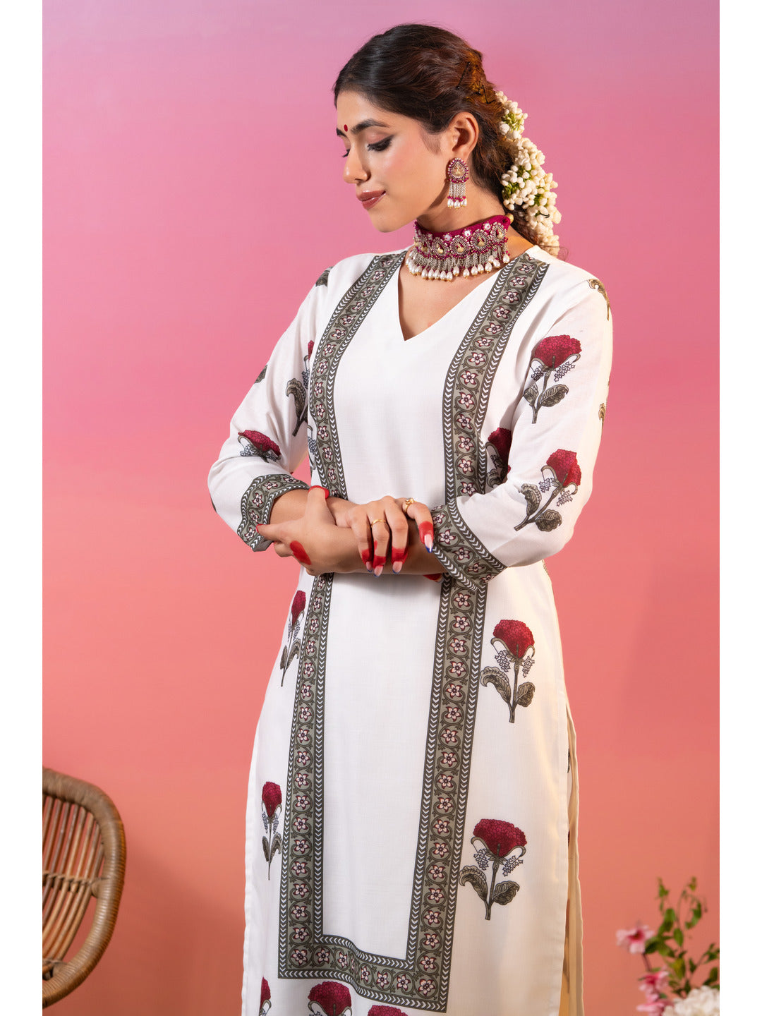 White Floral Printed Kurta Set with Dupatta