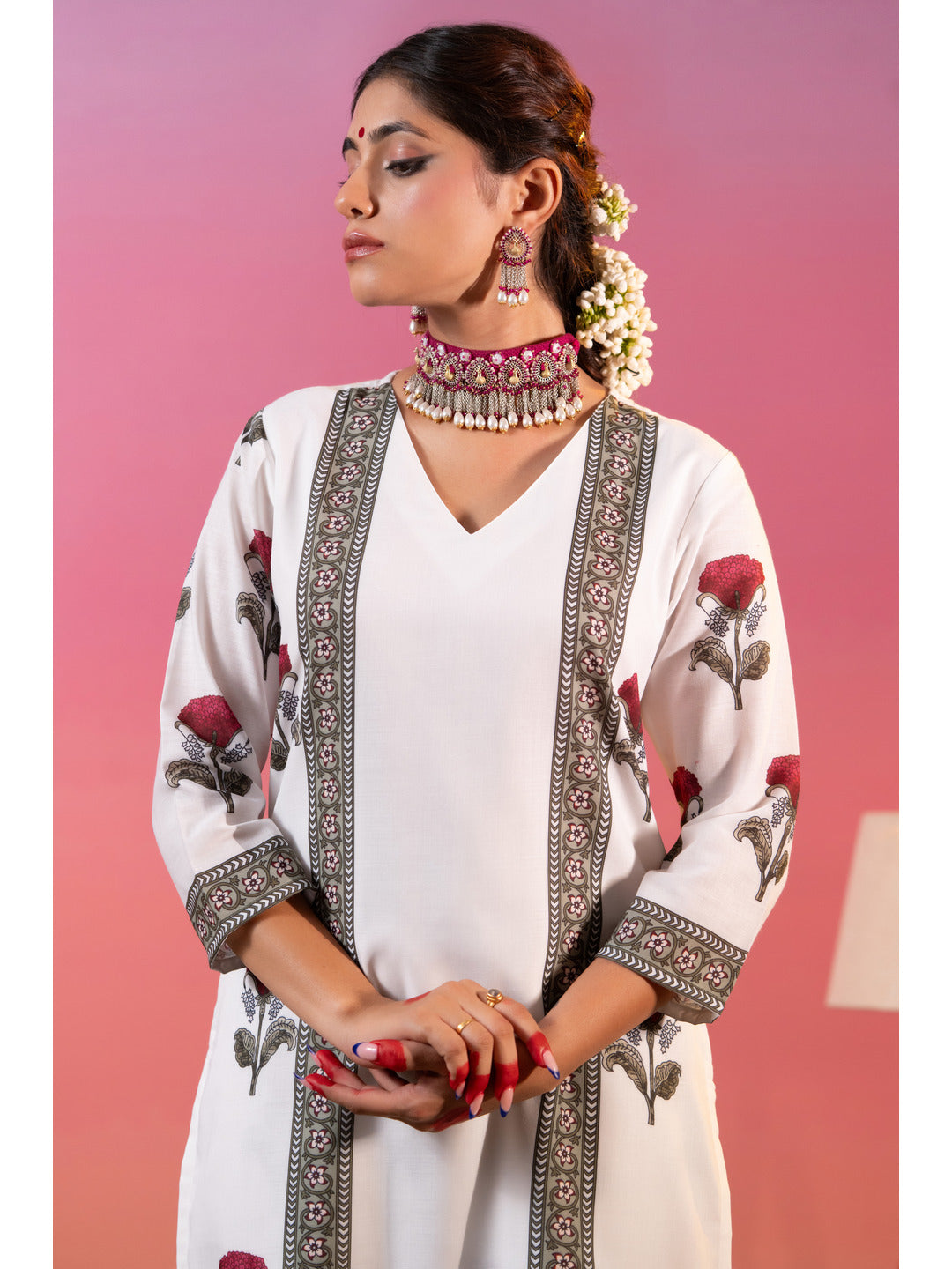 White Floral Printed Kurta Set with Dupatta