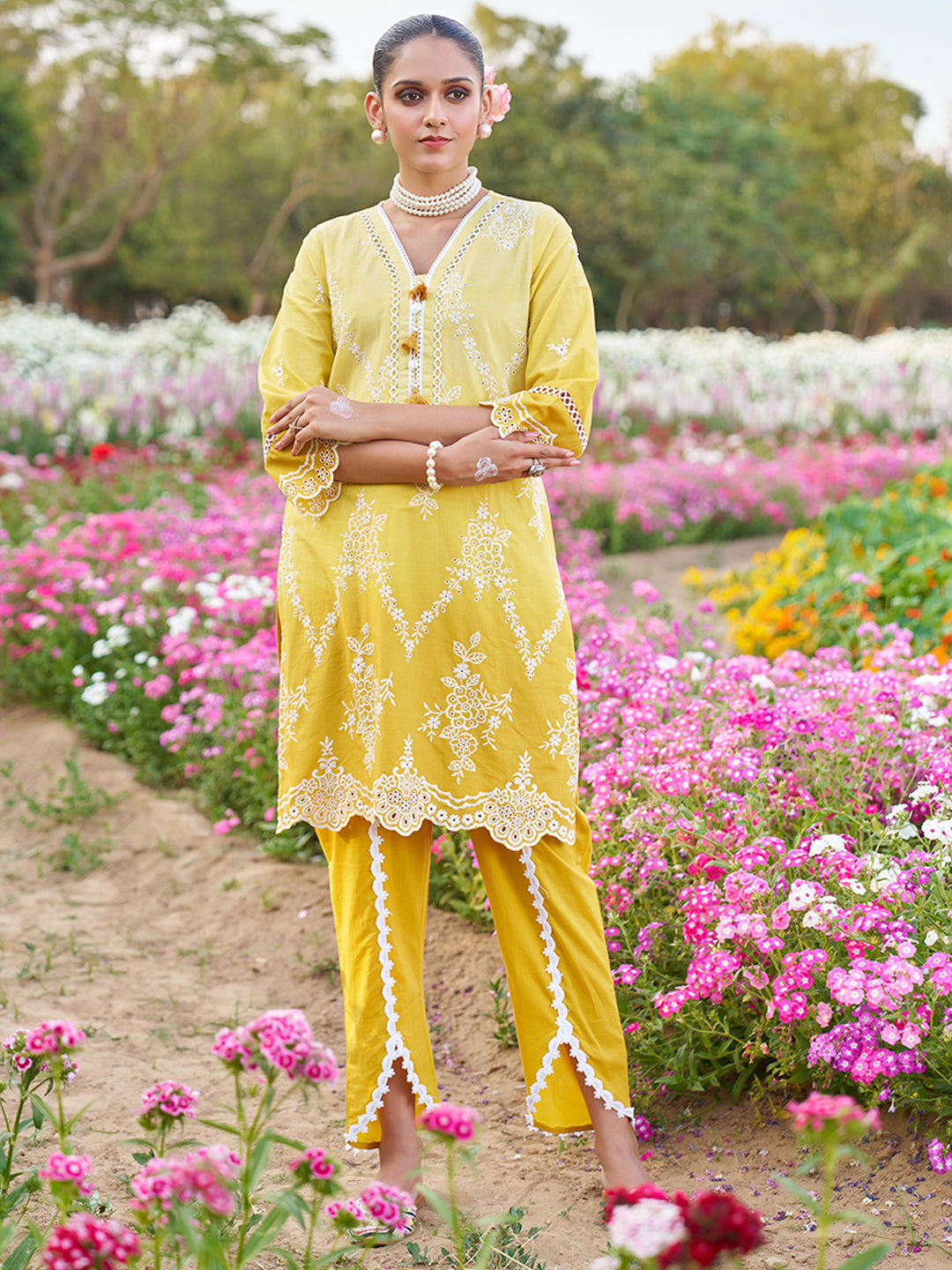 Yellow Ombre Schiffli Embroidered Floral Cotton Co-ord Set
