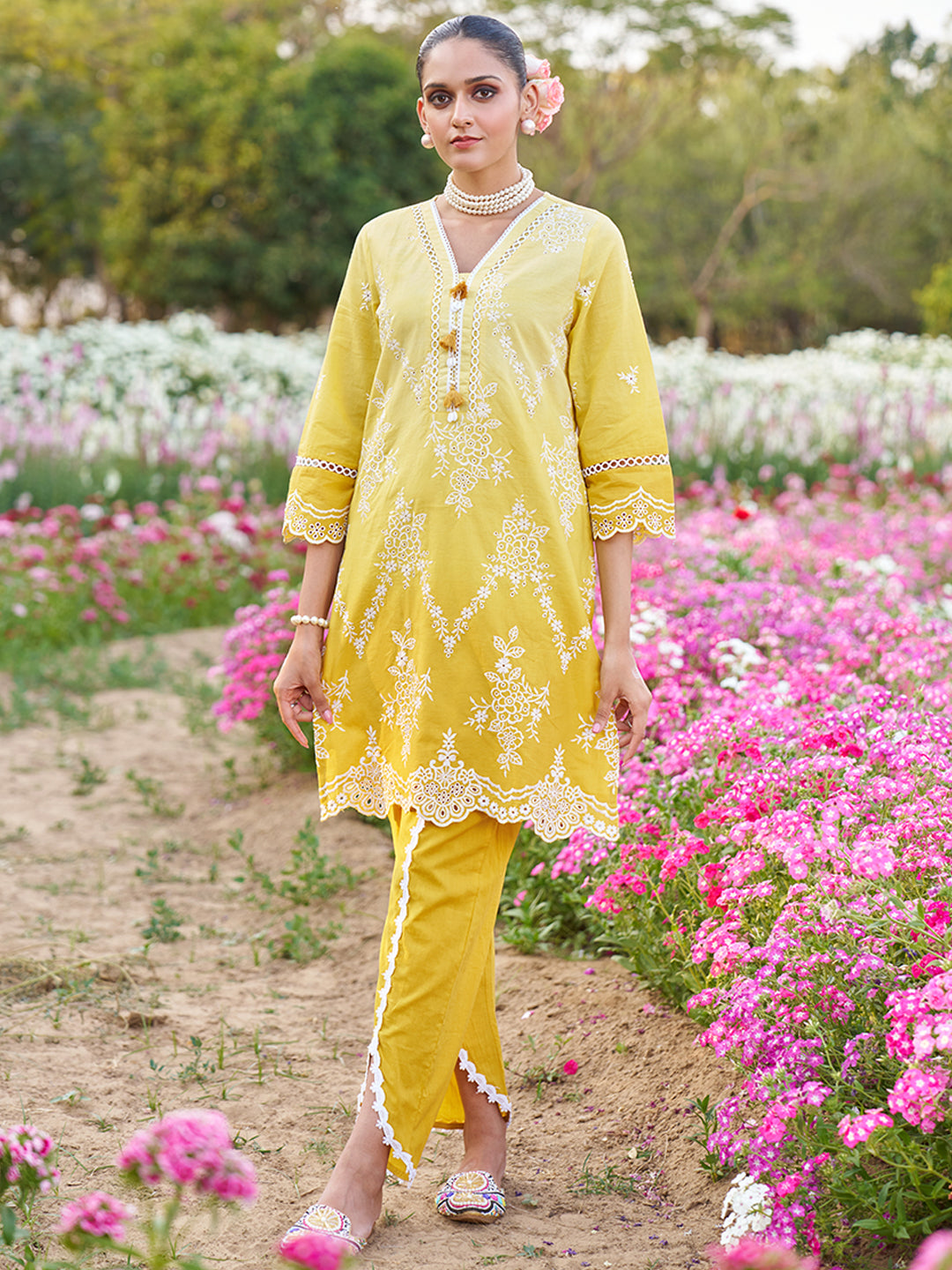 Yellow Ombre Schiffli Embroidered Floral Cotton Co-ord Set