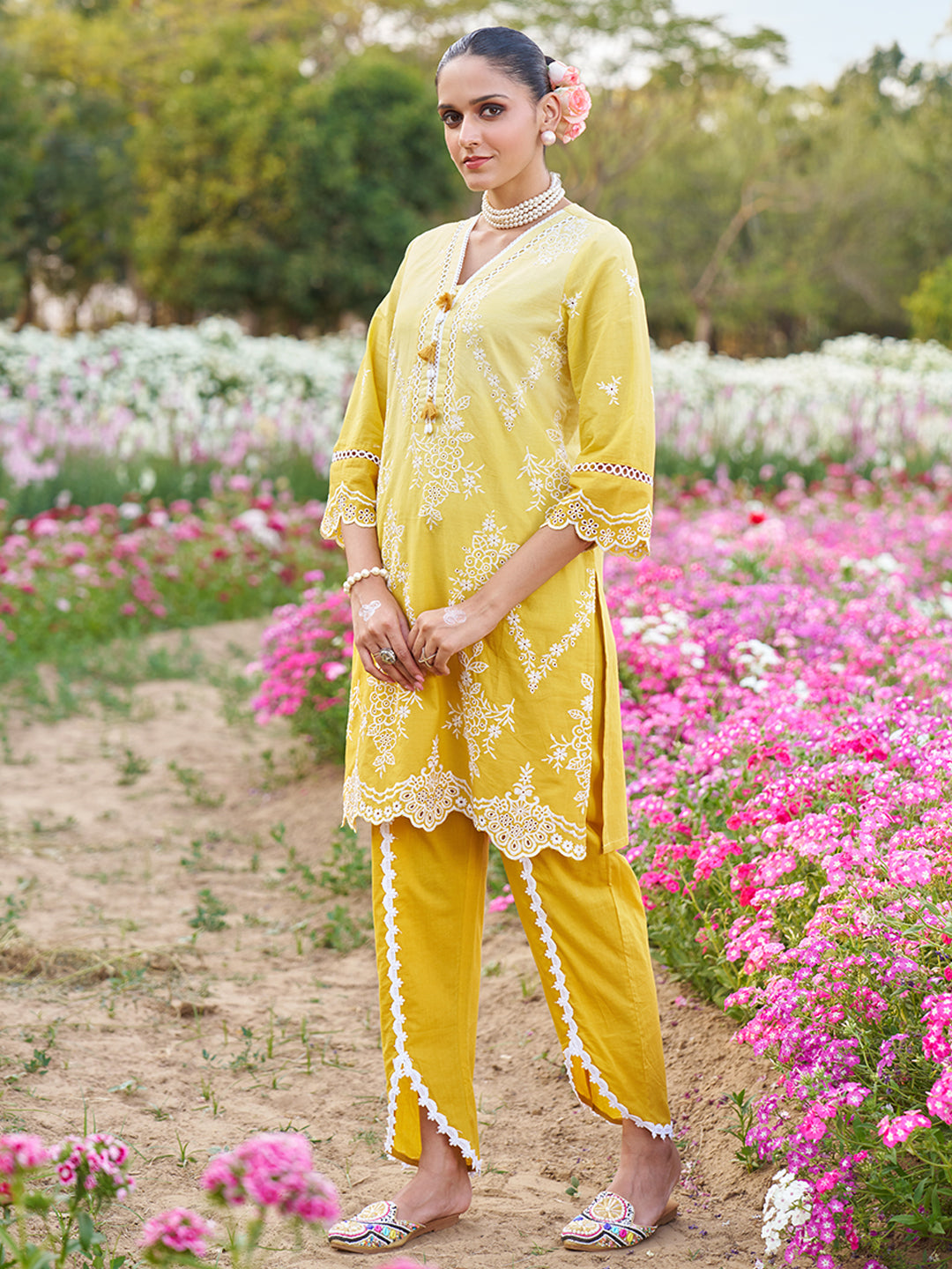 Yellow Ombre Schiffli Embroidered Floral Cotton Co-ord Set