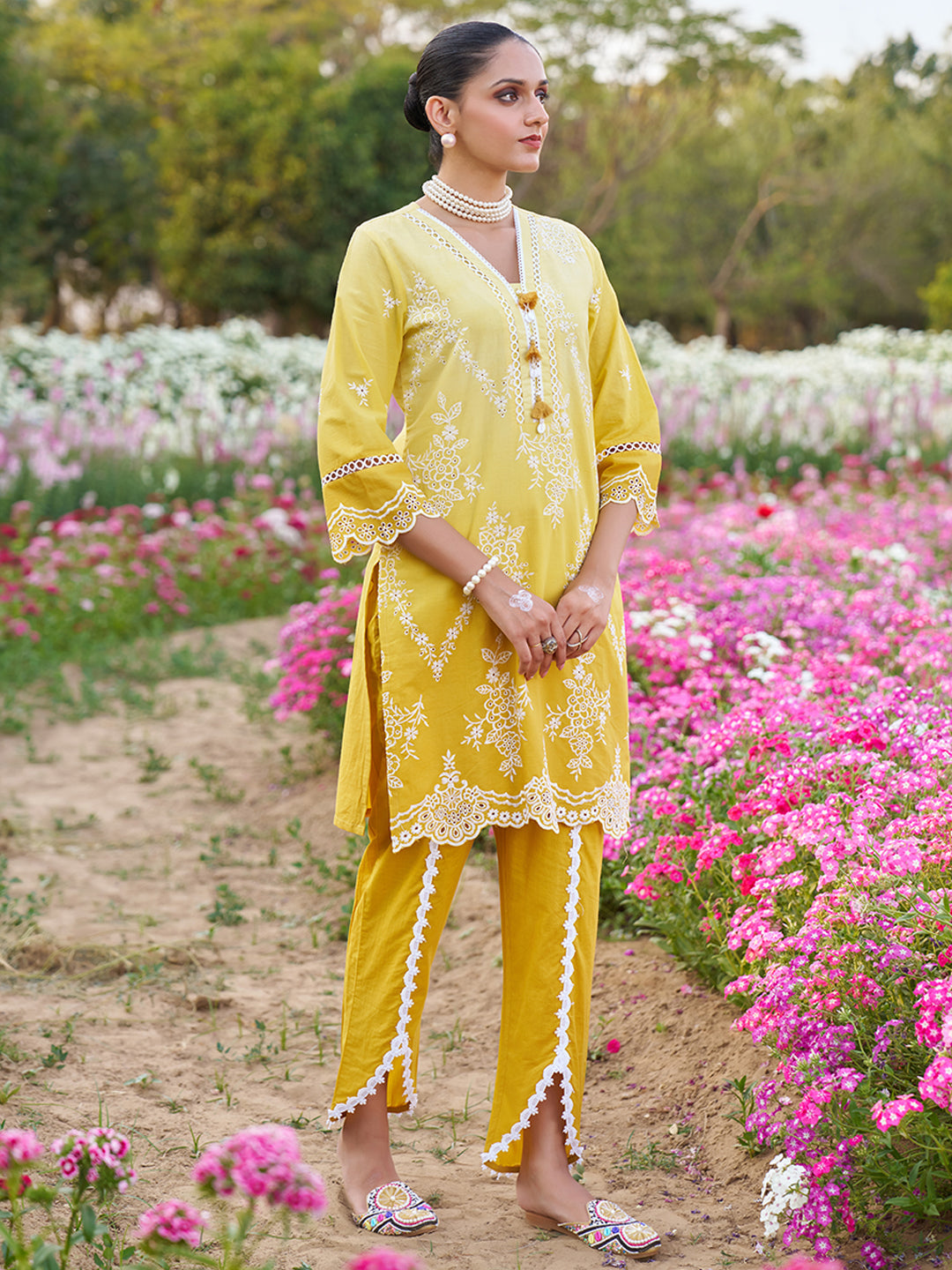 Yellow Ombre Schiffli Embroidered Floral Cotton Co-ord Set