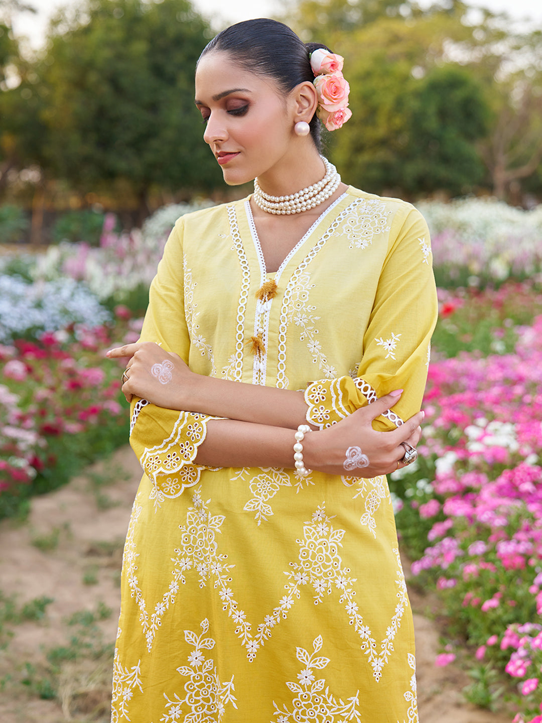 Yellow Ombre Schiffli Embroidered Floral Cotton Co-ord Set