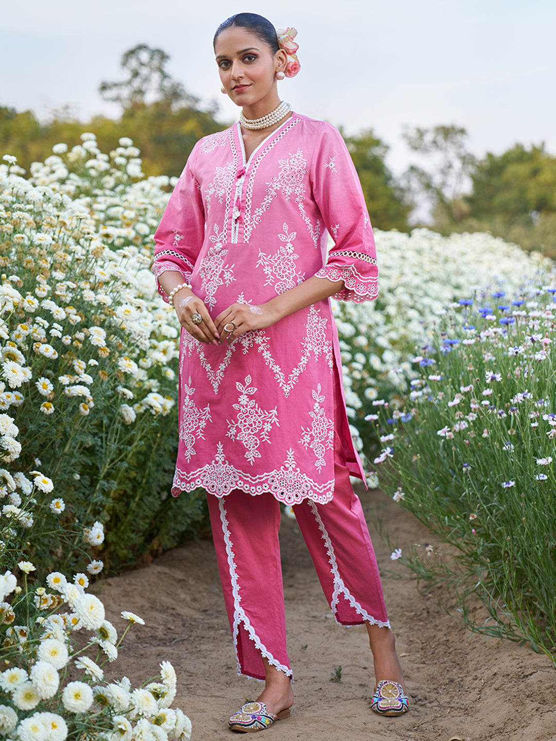 Pink Ombre Schiffli Embroidered Floral Cotton Co-ord Set