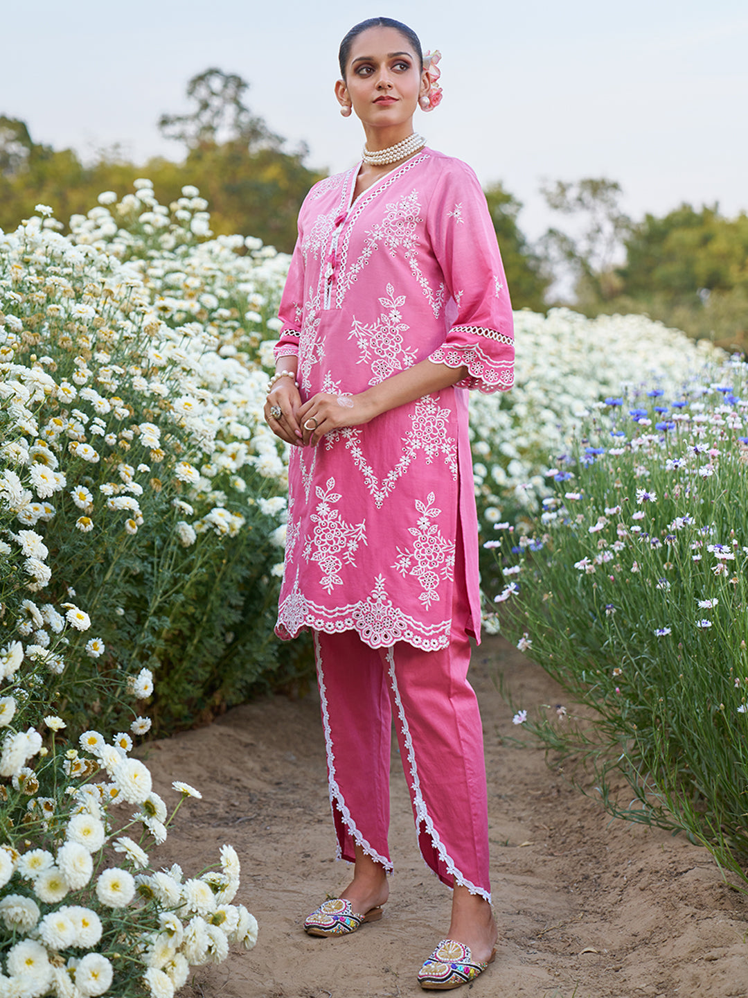 Pink Ombre Schiffli Embroidered Floral Cotton Co-ord Set