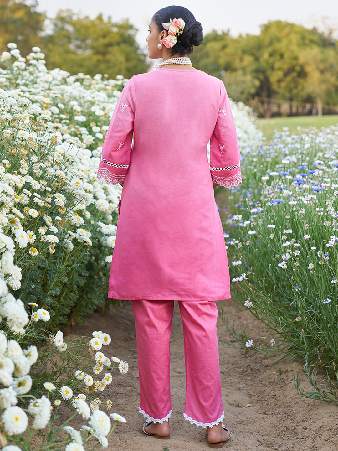 Pink Ombre Schiffli Embroidered Floral Cotton Co-ord Set