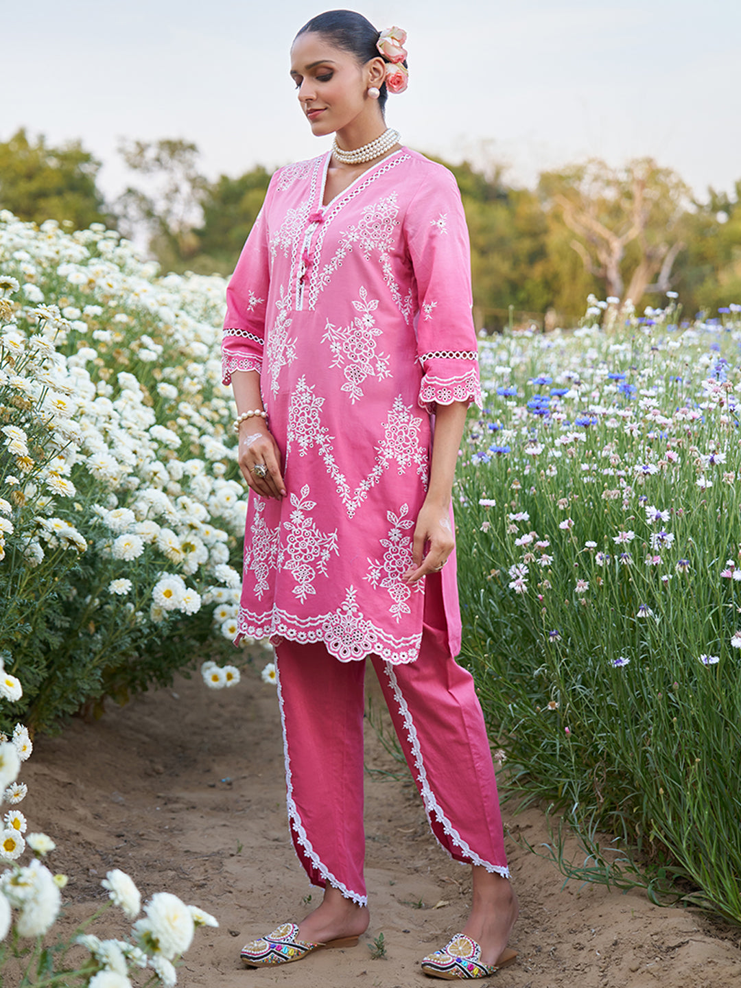 Pink Ombre Schiffli Embroidered Floral Cotton Co-ord Set
