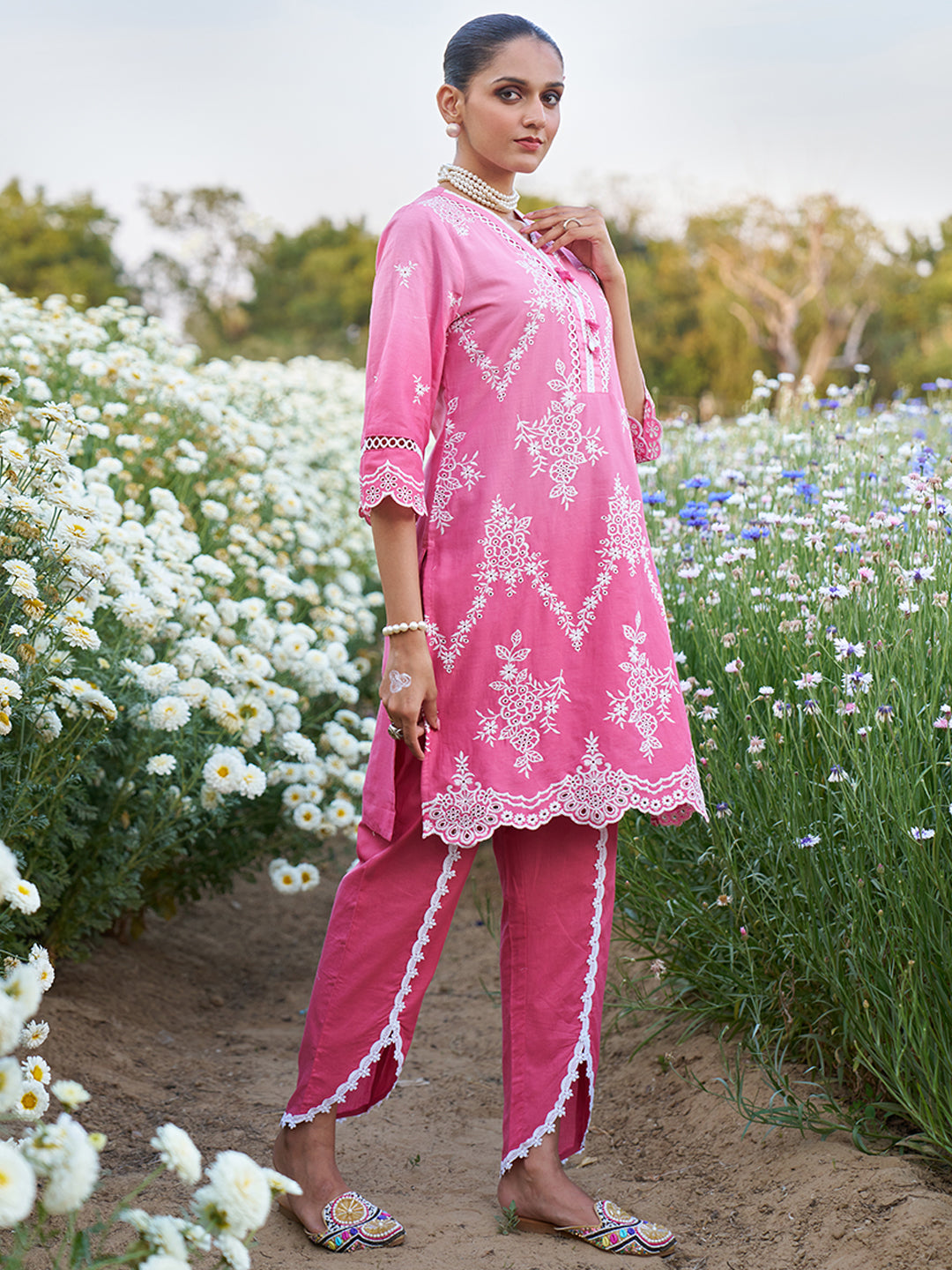 Pink Ombre Schiffli Embroidered Floral Cotton Co-ord Set