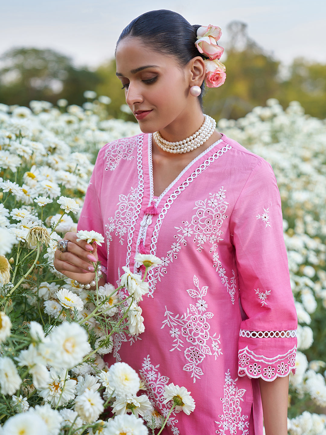 Pink Ombre Schiffli Embroidered Floral Cotton Co-ord Set