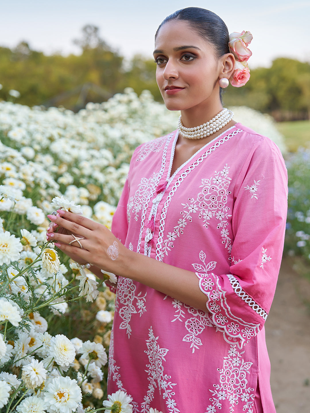 Pink Ombre Schiffli Embroidered Floral Cotton Co-ord Set