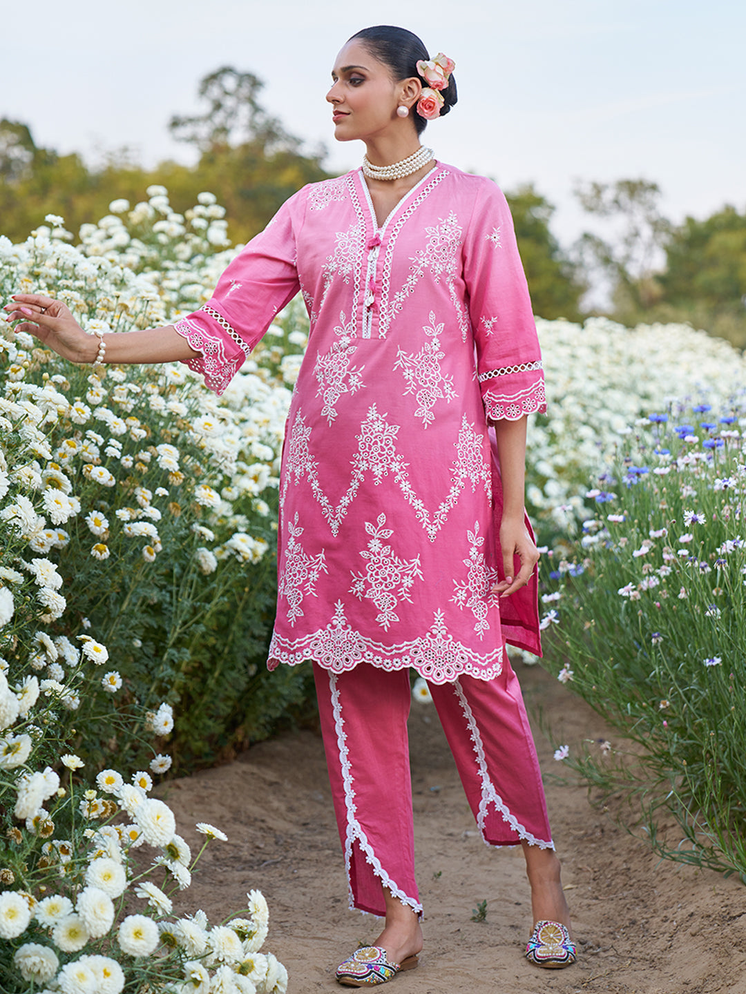 Pink Ombre Schiffli Embroidered Floral Cotton Co-ord Set