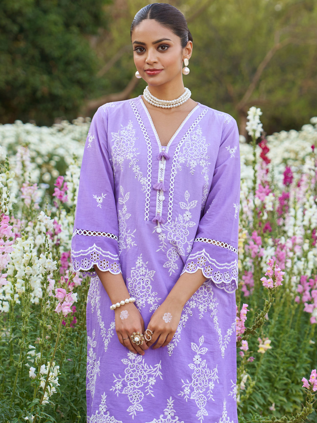 Lavender Ombre Schiffli Embroidered Floral Cotton Co-ord Set