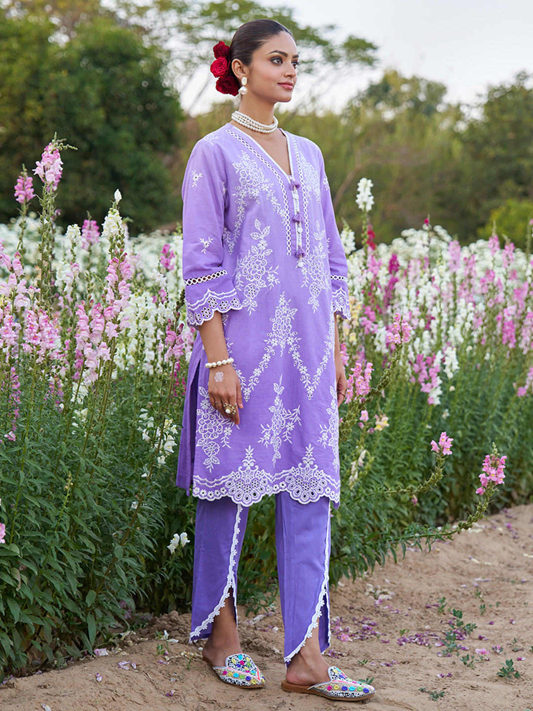 Lavender Ombre Schiffli Embroidered Floral Cotton Co-ord Set