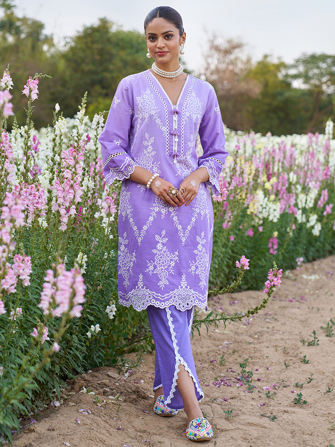 Lavender Ombre Schiffli Embroidered Floral Cotton Co-ord Set