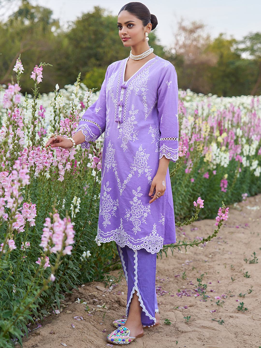 Lavender Ombre Schiffli Embroidered Floral Cotton Co-ord Set