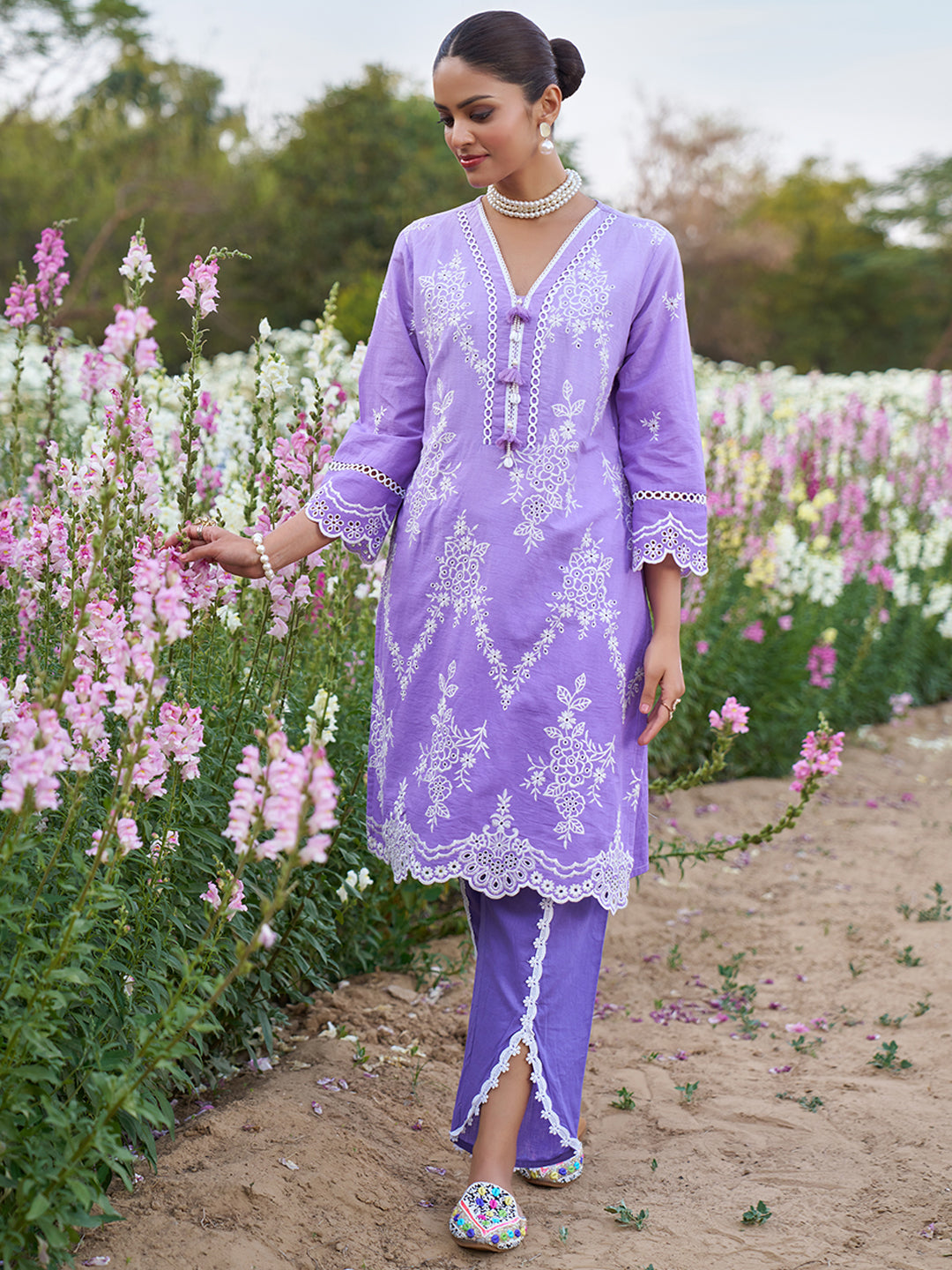 Lavender Ombre Schiffli Embroidered Floral Cotton Co-ord Set