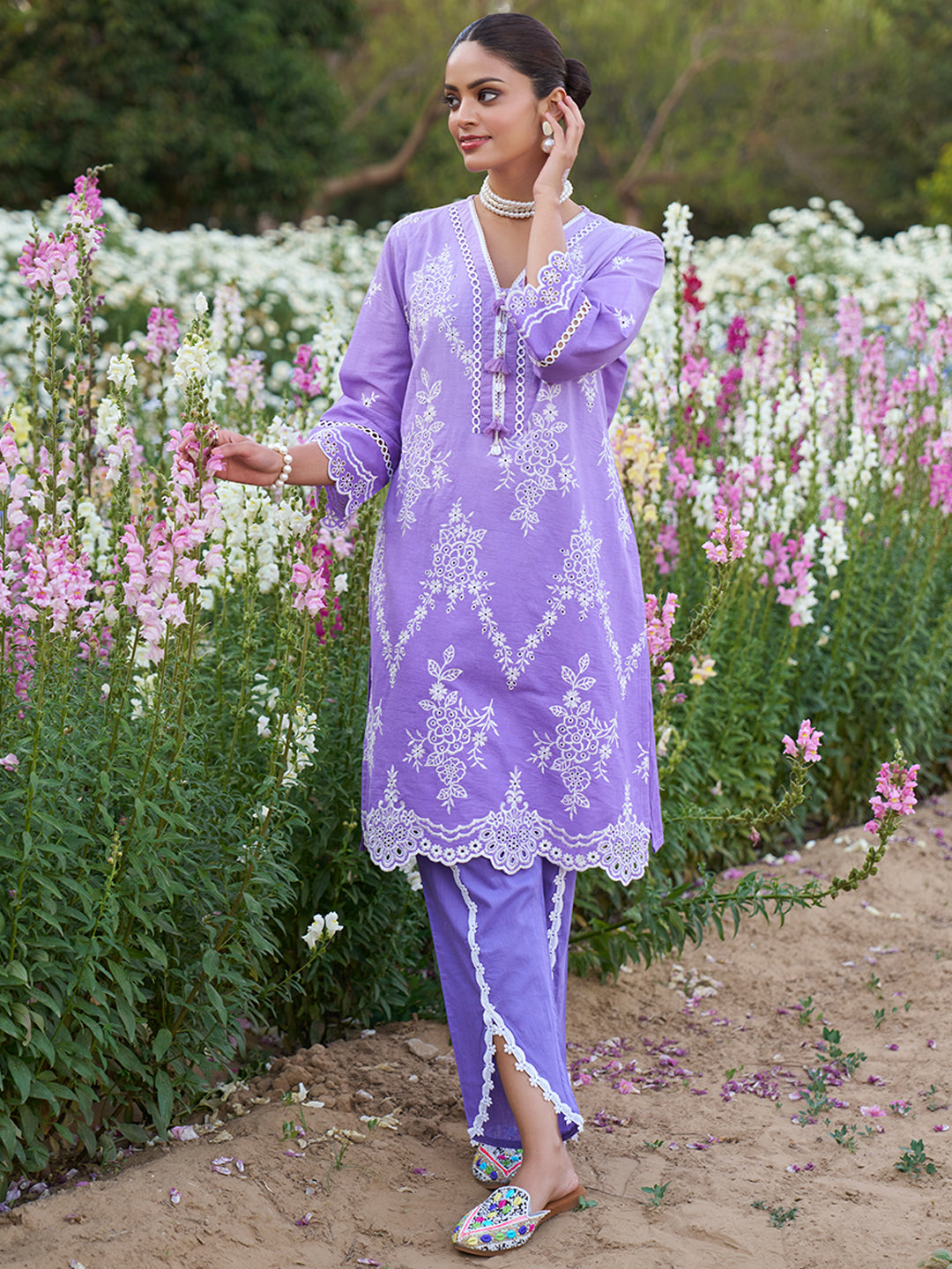 Lavender Ombre Schiffli Embroidered Floral Cotton Co-ord Set