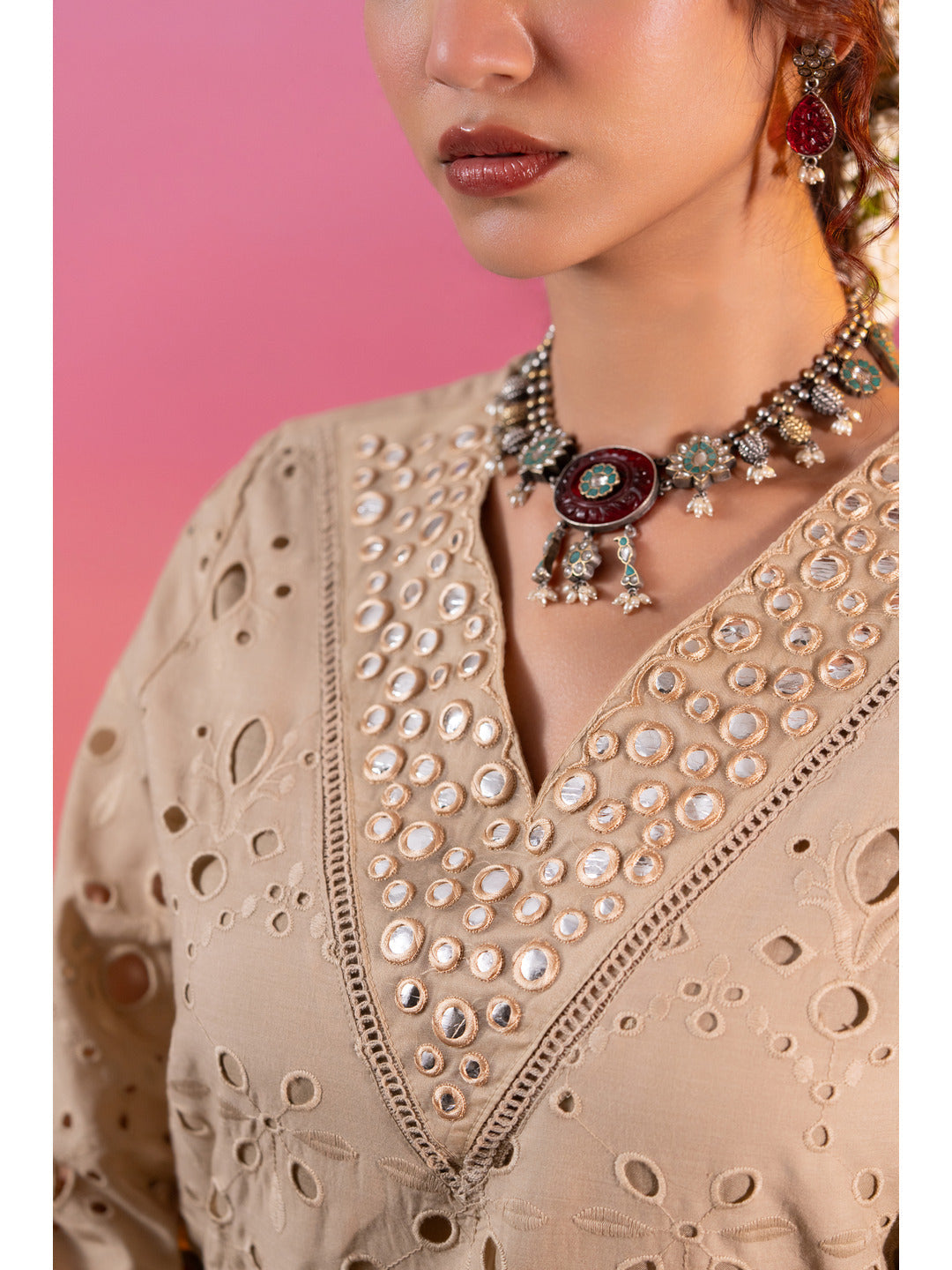 Beige Schiffli Embroidered Kurta with Pant