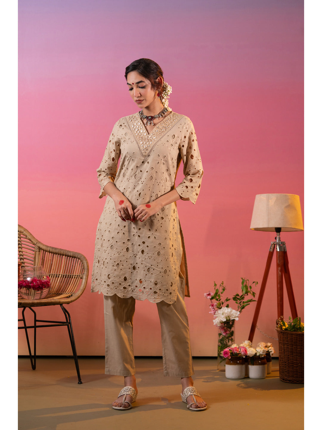 Beige Schiffli Embroidered Kurta with Pant