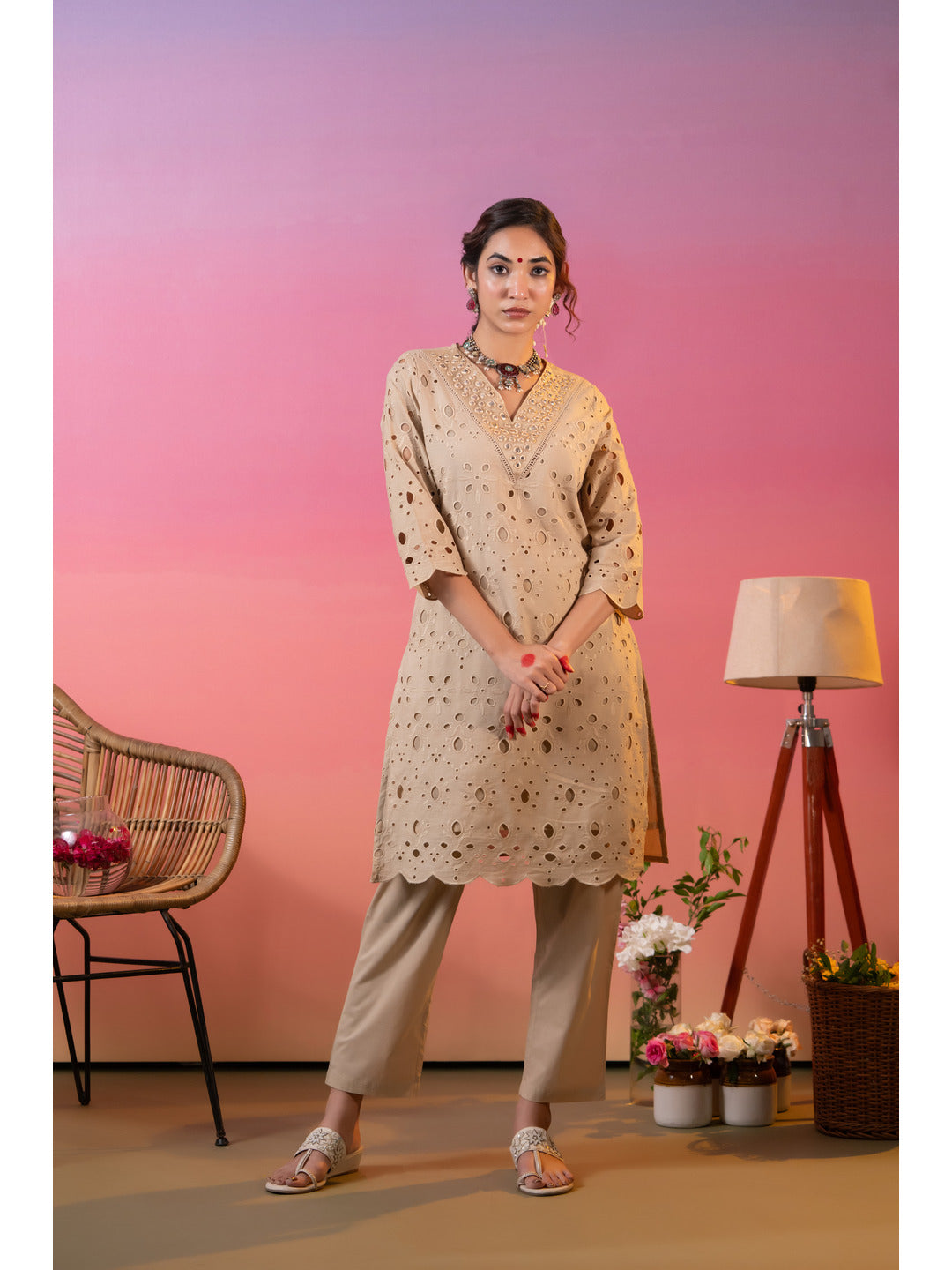 Beige Schiffli Embroidered Kurta with Pant