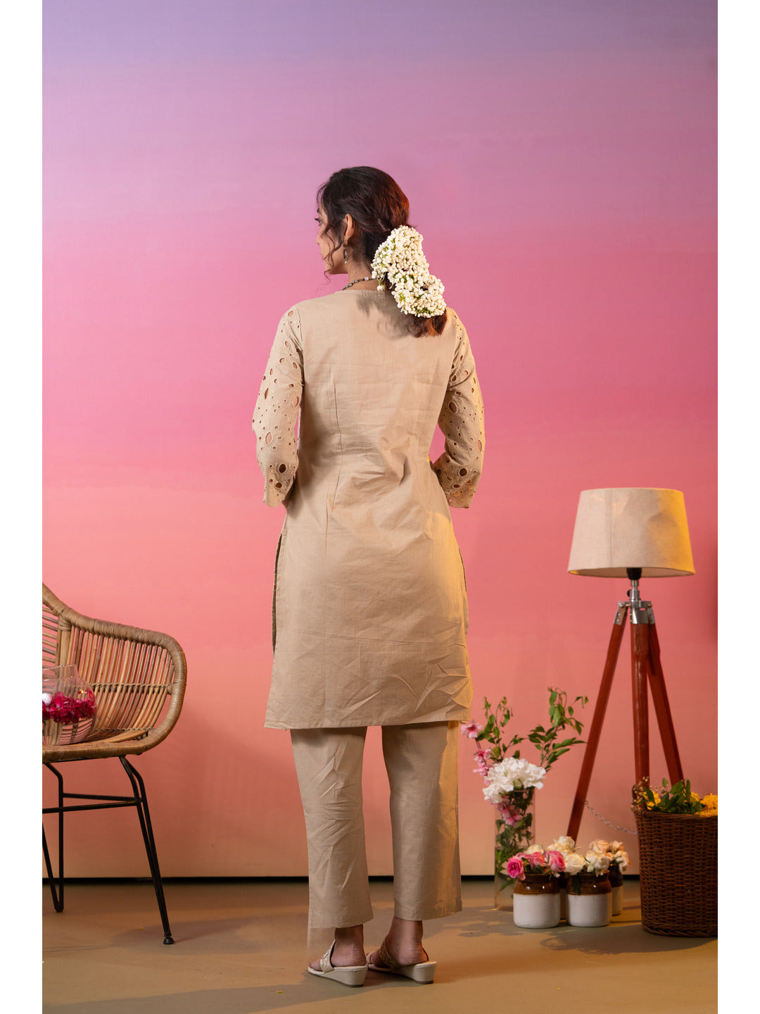 Beige Schiffli Embroidered Kurta with Pant