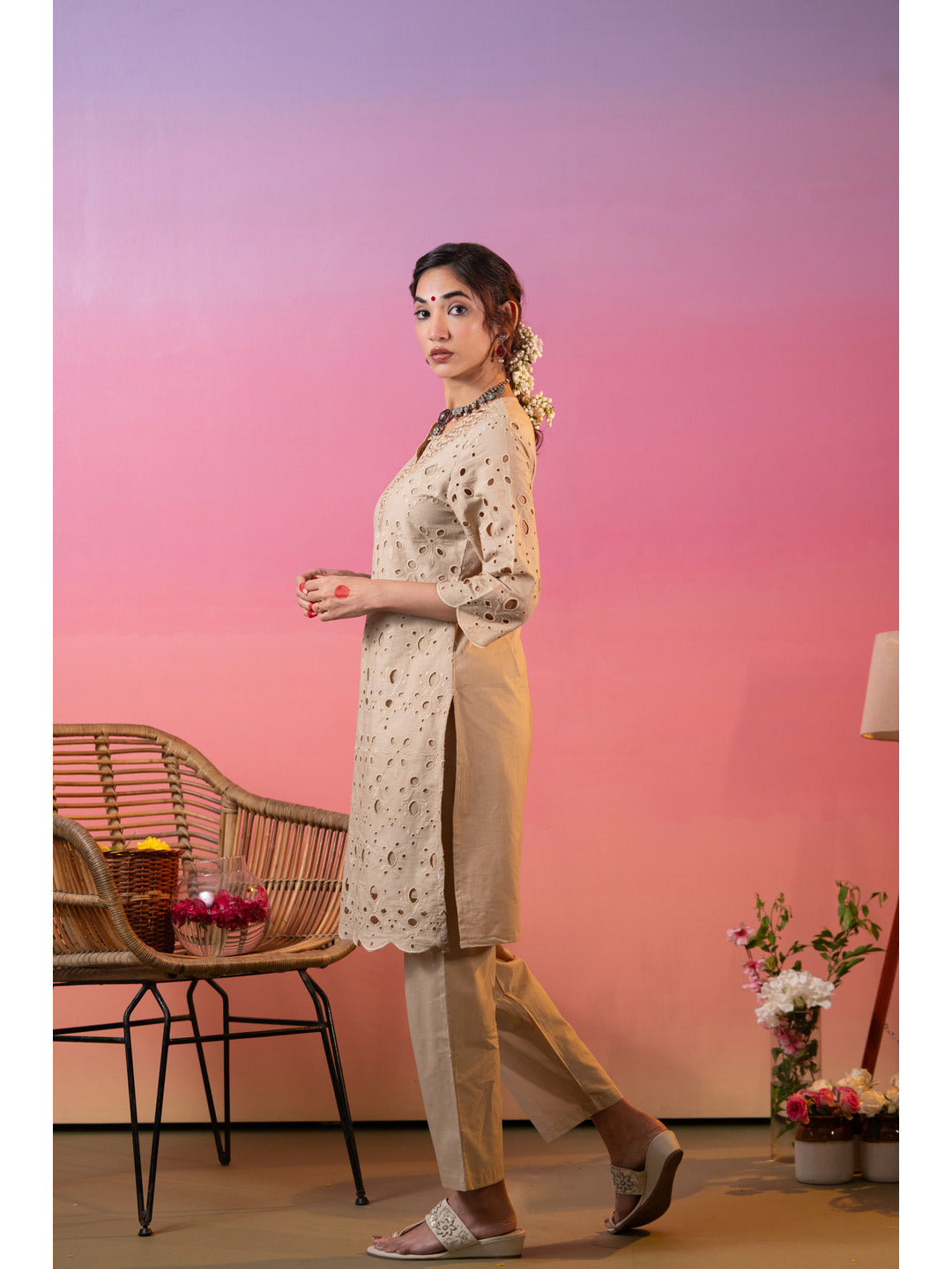 Beige Schiffli Embroidered Kurta with Pant