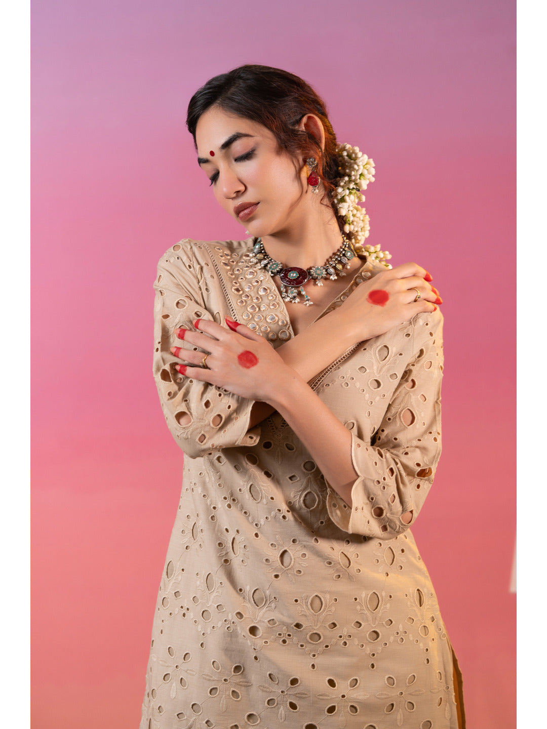 Beige Schiffli Embroidered Kurta with Pant