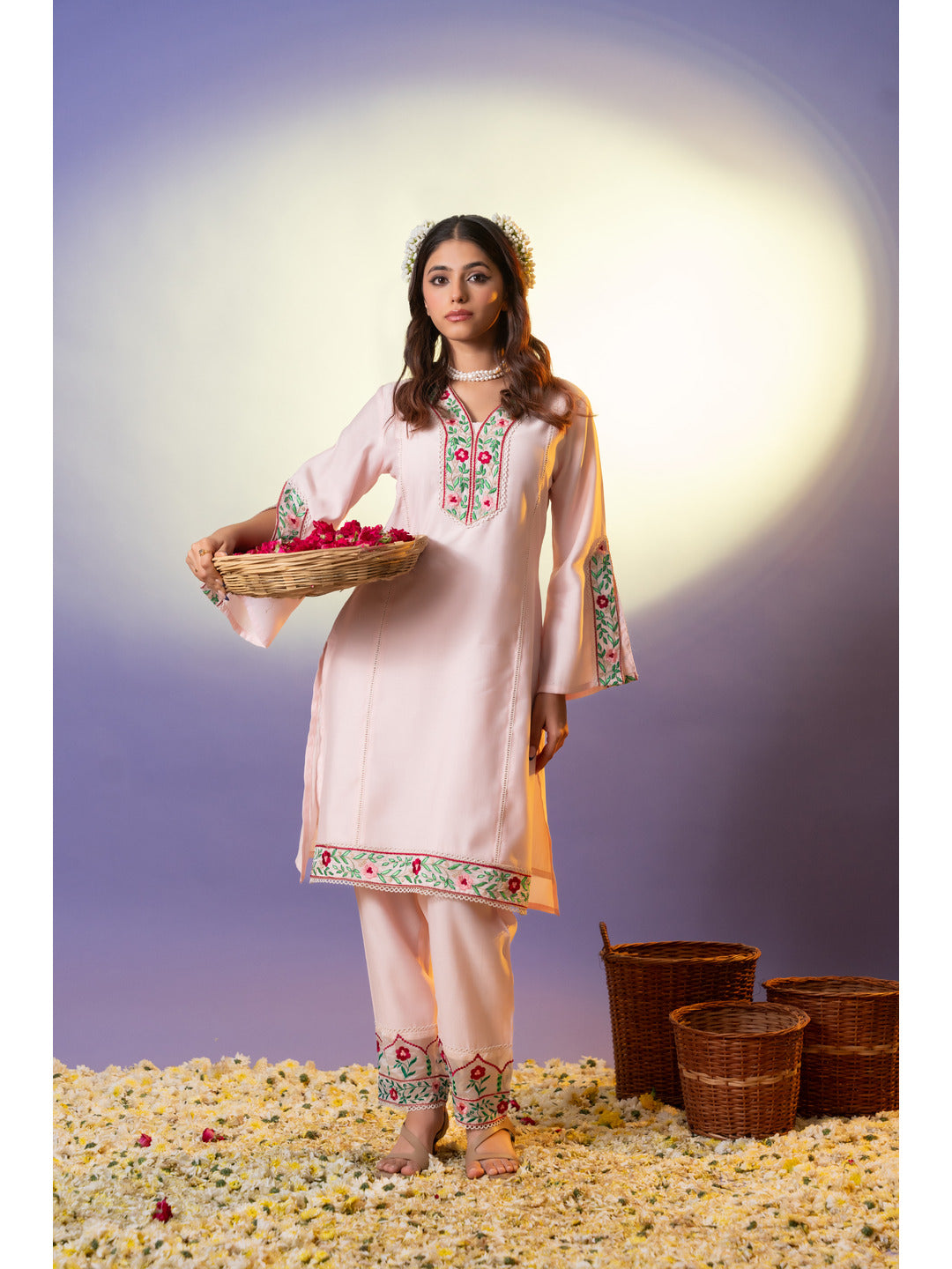 Pink Floral Multi-Embroidered Kurta Set