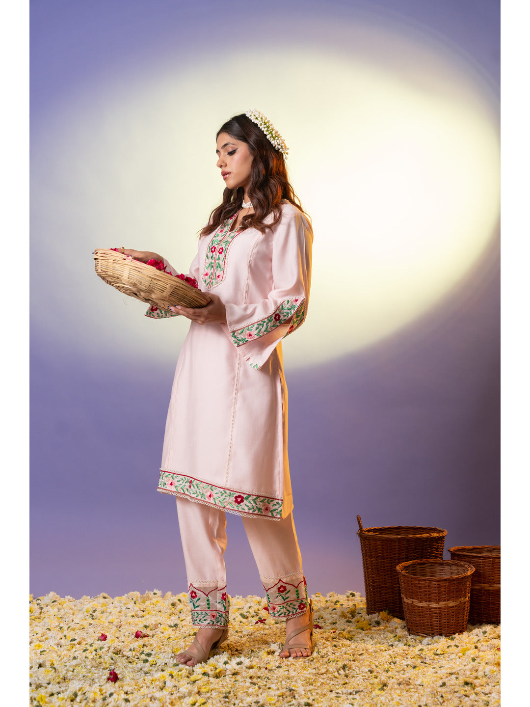 Pink Floral Multi-Embroidered Kurta Set