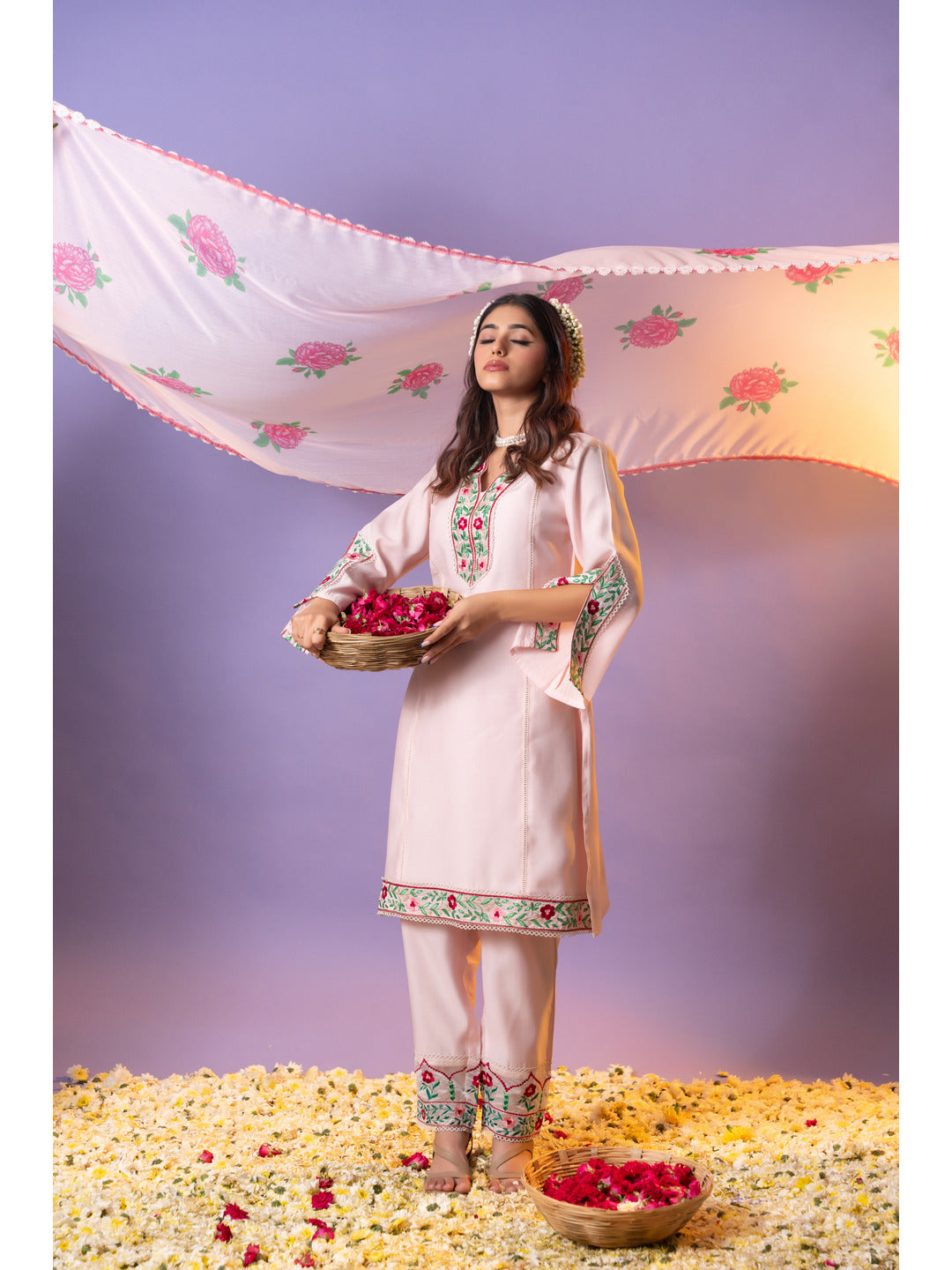 Pink Floral Multi-Embroidered Kurta Set