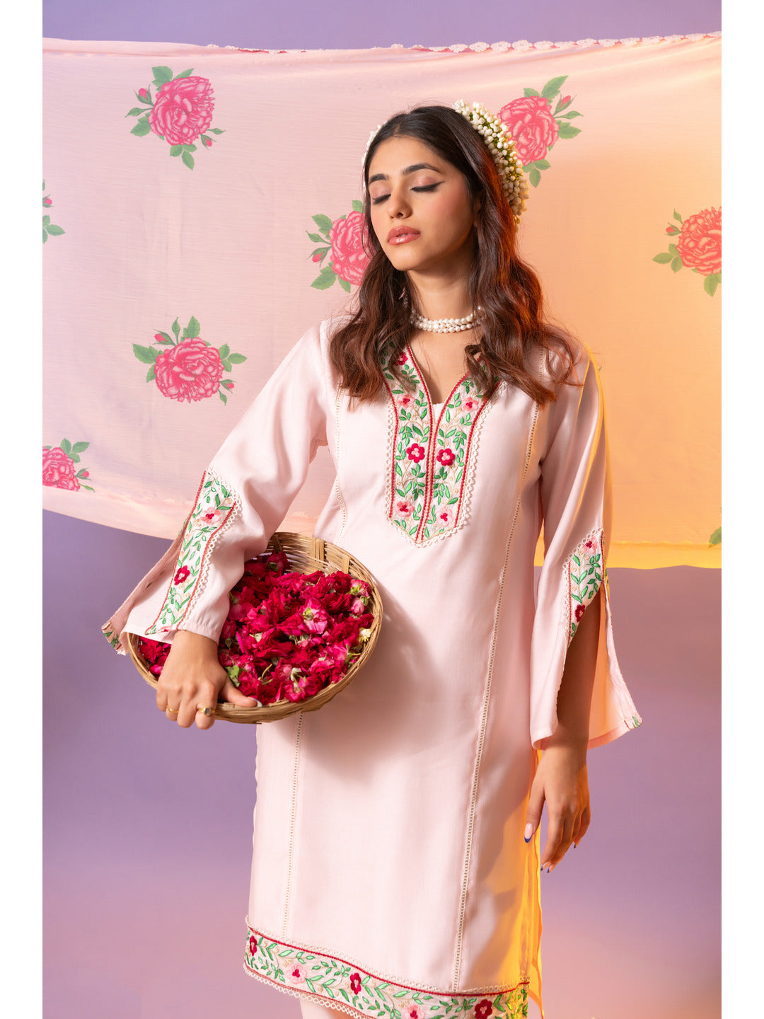 Pink Floral Multi-Embroidered Kurta Set