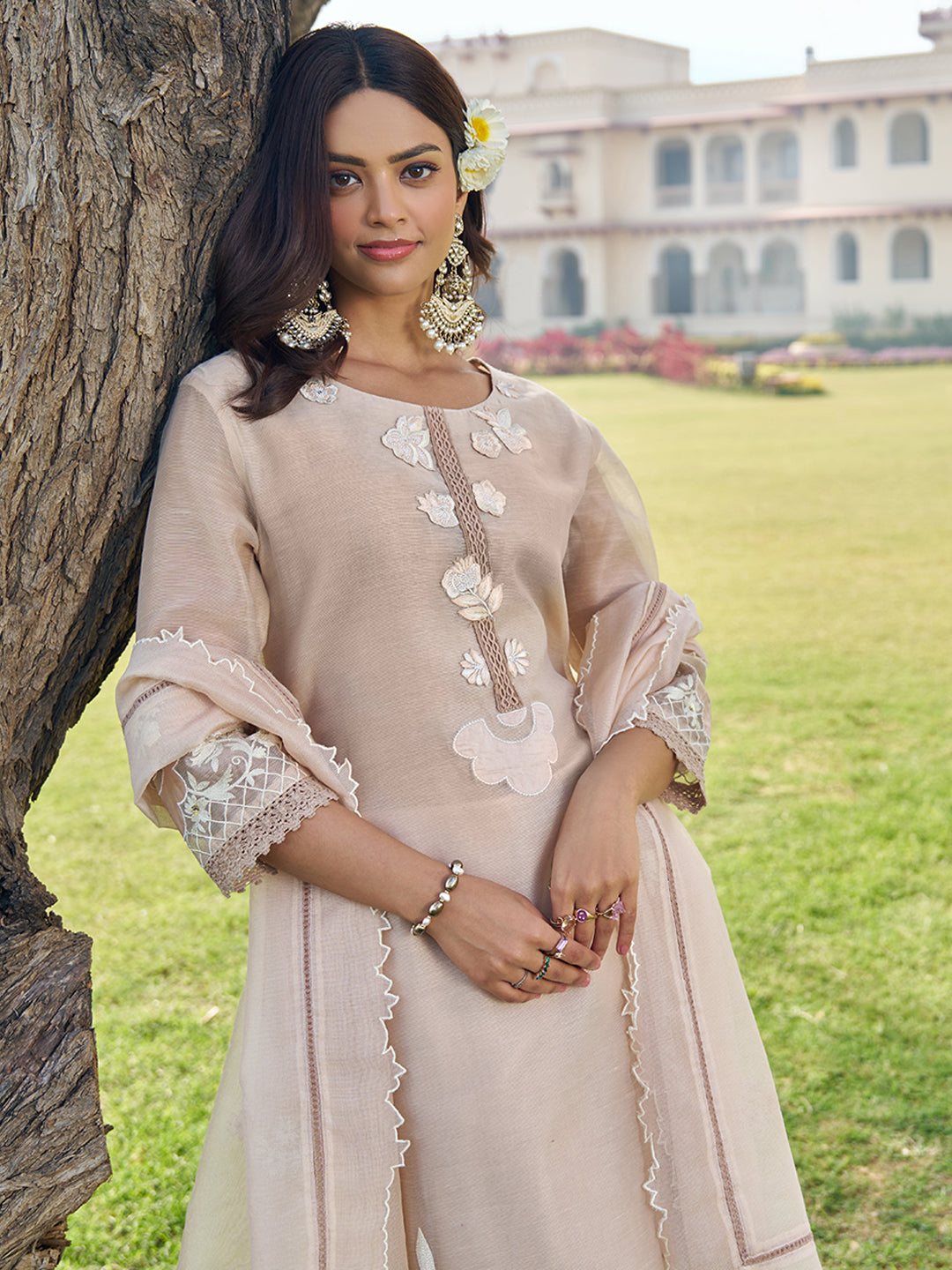Beige Floral Embroidered Kurta Set with Dupatta