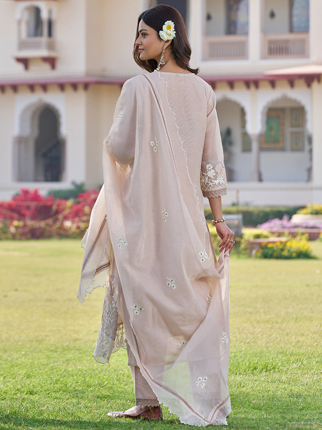 Beige Floral Embroidered Kurta Set with Dupatta