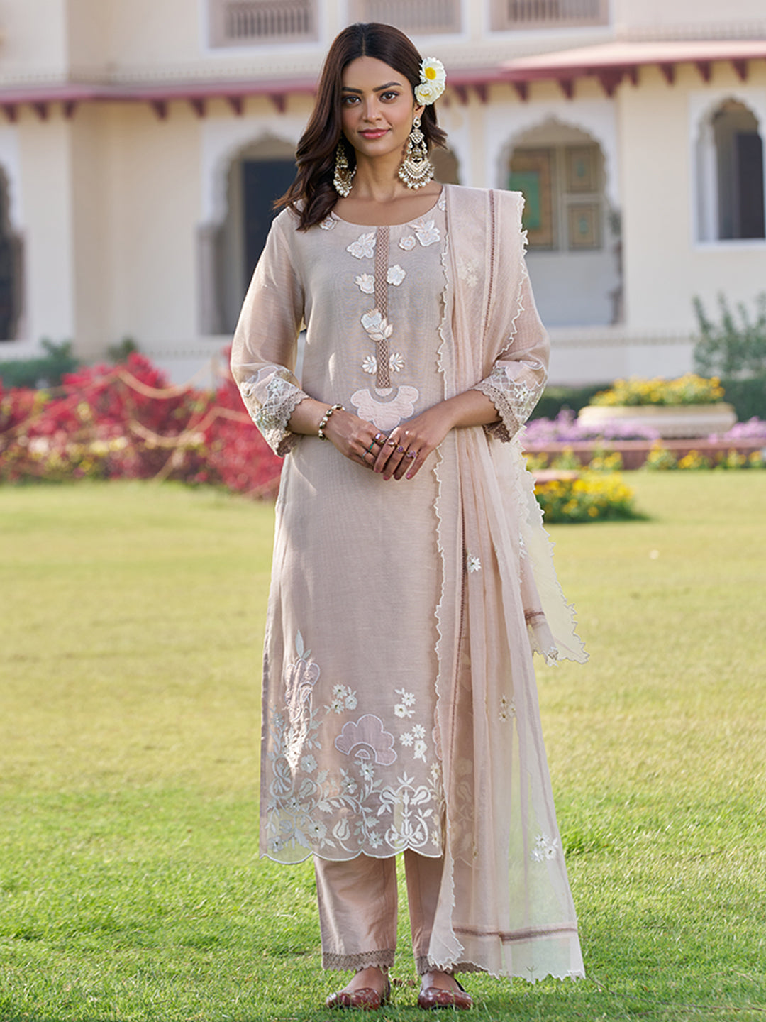 Beige Floral Embroidered Kurta Set with Dupatta