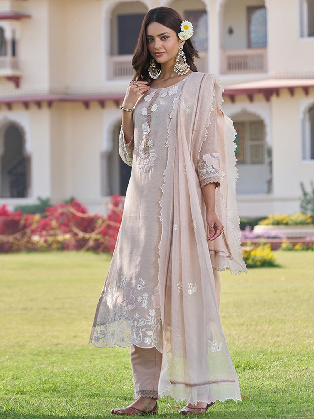 Beige Floral Embroidered Kurta Set with Dupatta