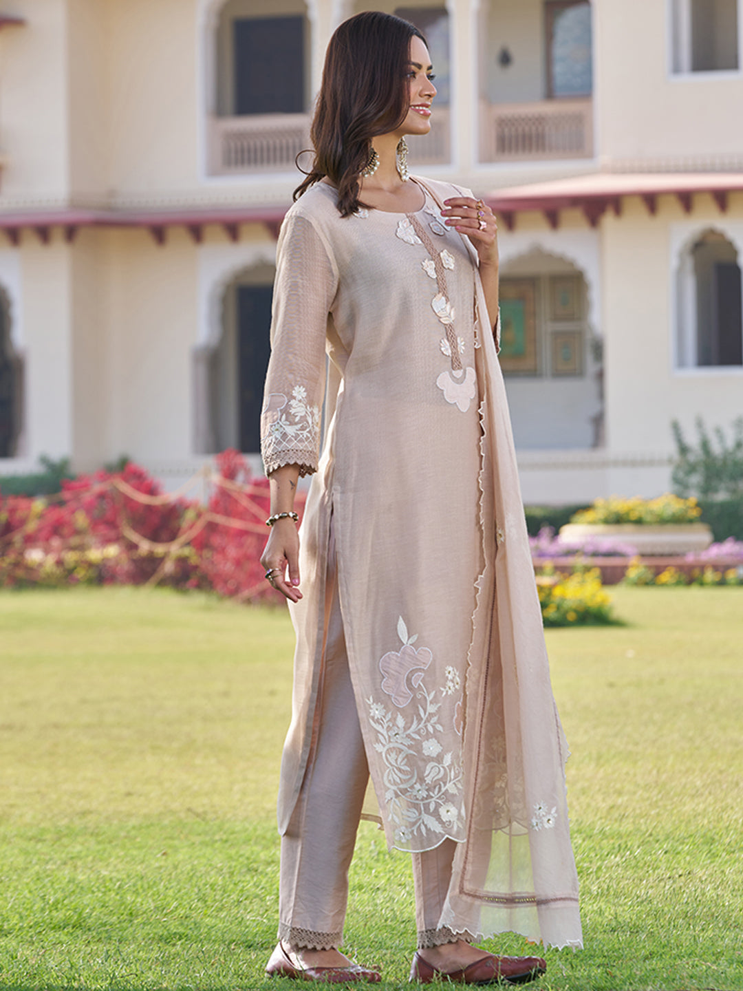 Beige Floral Embroidered Kurta Set with Dupatta